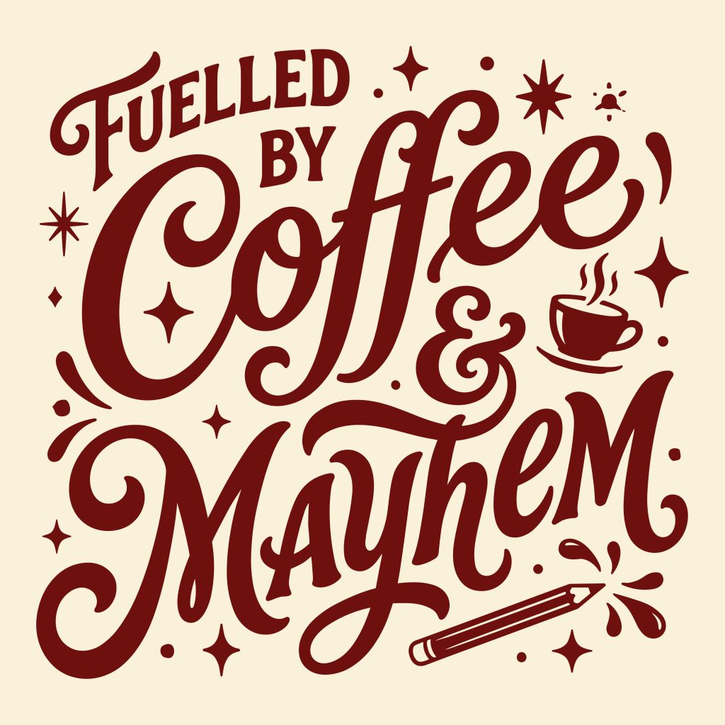 Fuelled by Coffee and Mayhem typography design featuring a coffee cup and pencil, available as a free SVG cut file for crafters.