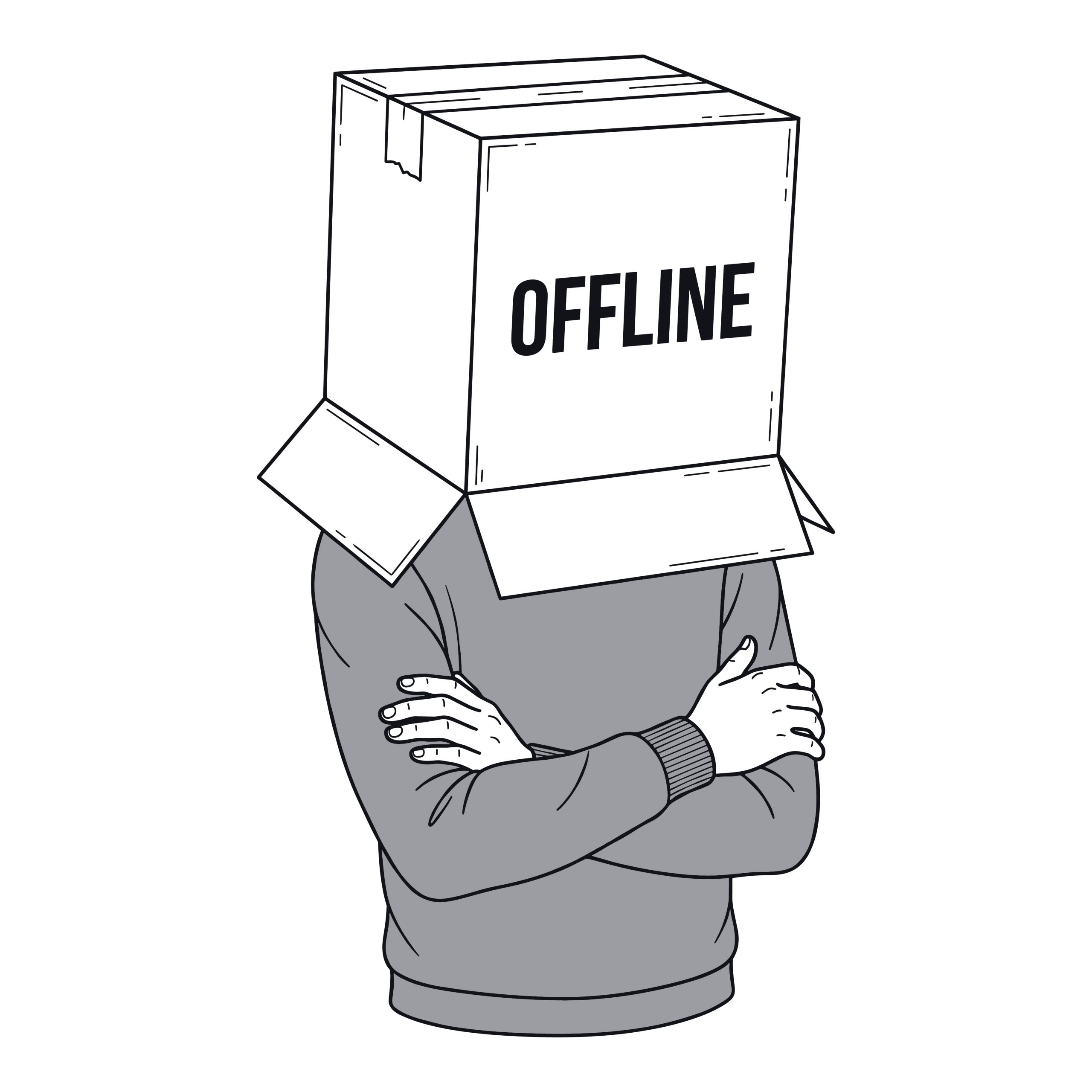 A minimalist line art illustration of a person standing with crossed arms, wearing a cardboard box on their head that says OFFLINE.