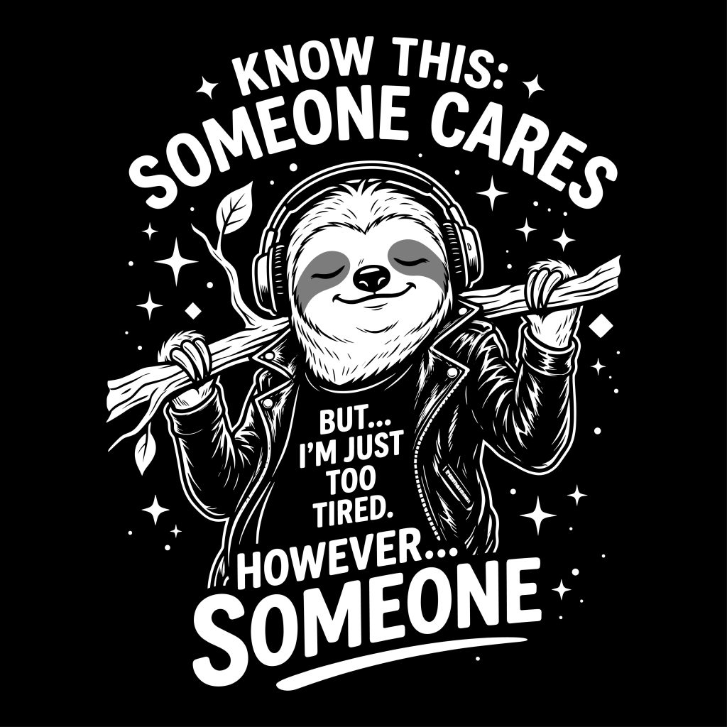 Black and white vector illustration of a tired sloth wearing a leather jacket and headphones holding a branch, with the sarcastic quote Know This Someone Cares But I'm Just Too Tired.