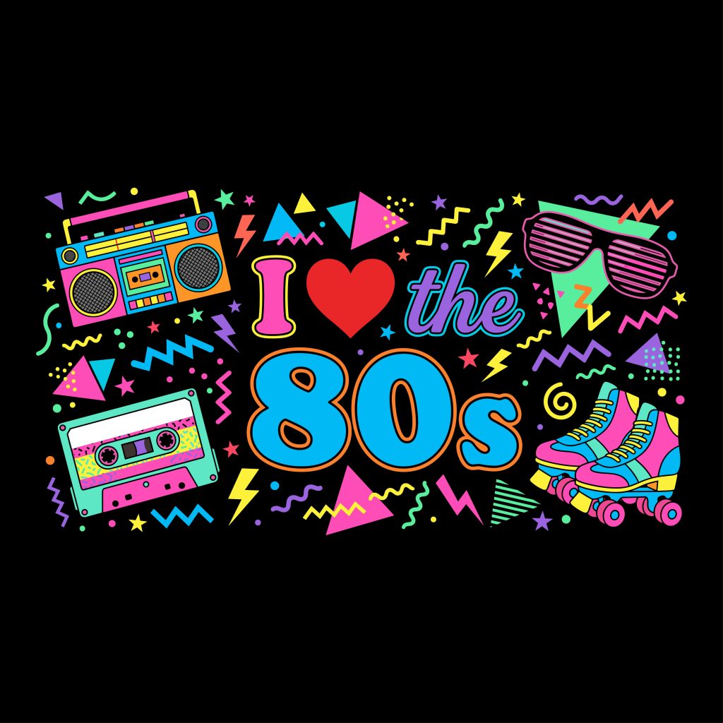 I love the 80s retro vector design featuring a neon boombox, cassette tape, roller skates, and shutter shades with Memphis geometric shapes.