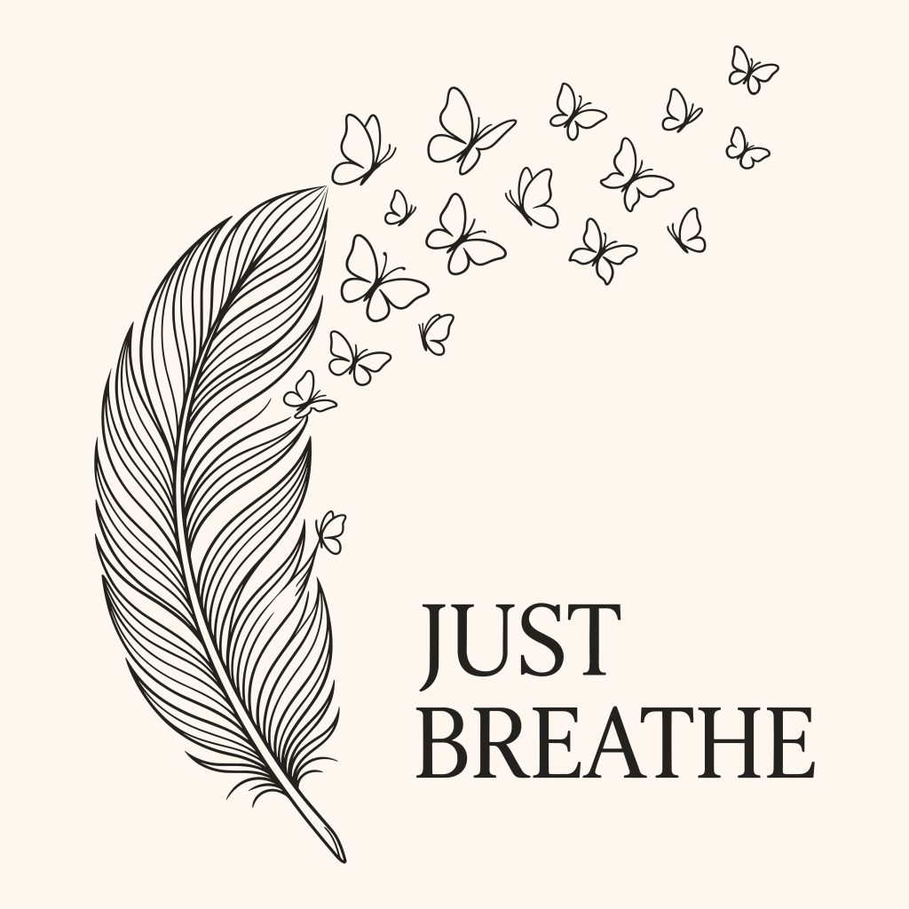 Minimalist line art of a feather transforming into butterflies with the inspirational quote Just Breathe, available as a free SVG cut file for crafters.