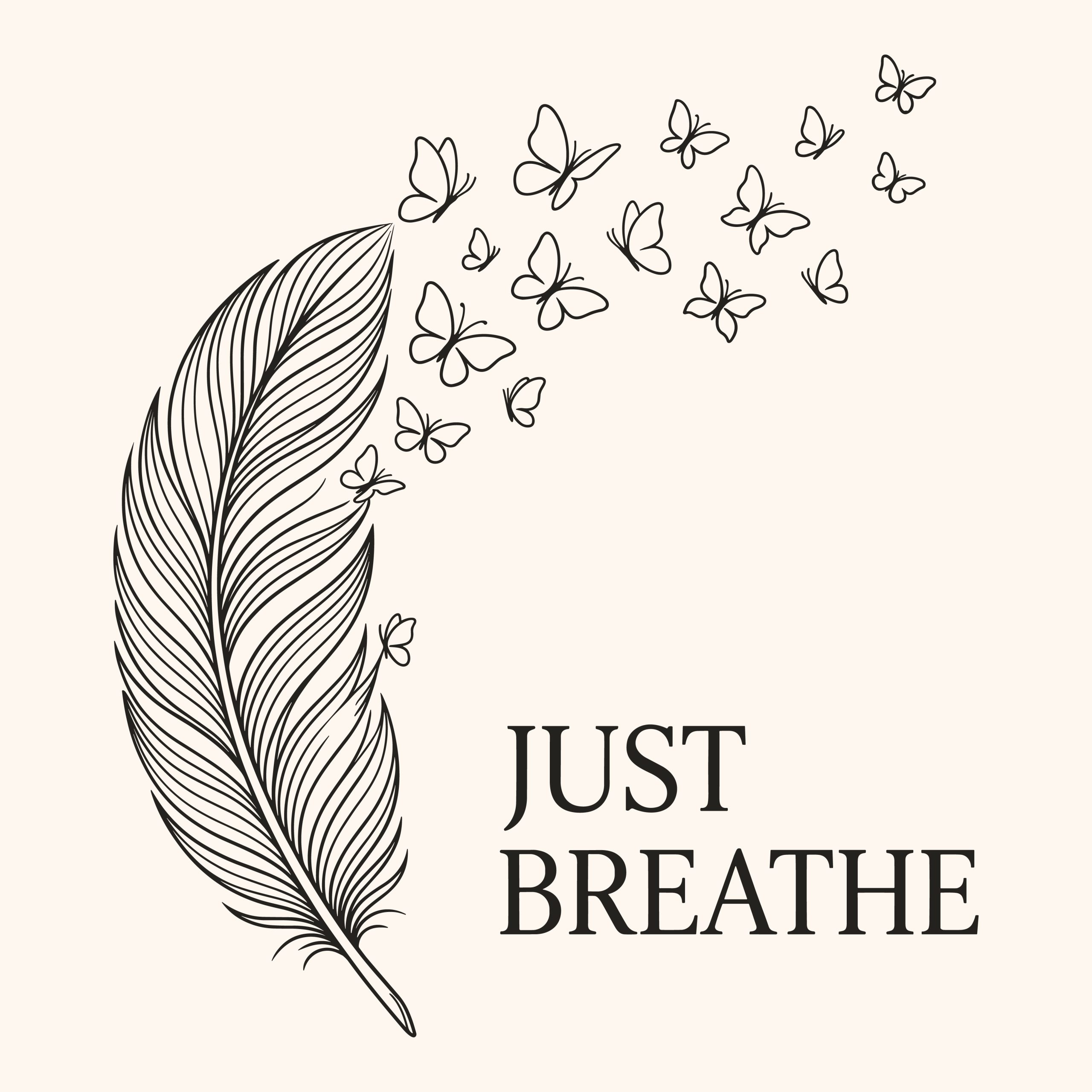 Minimalist line art of a feather transforming into butterflies with the inspirational quote Just Breathe, available as a free SVG cut file for crafters.