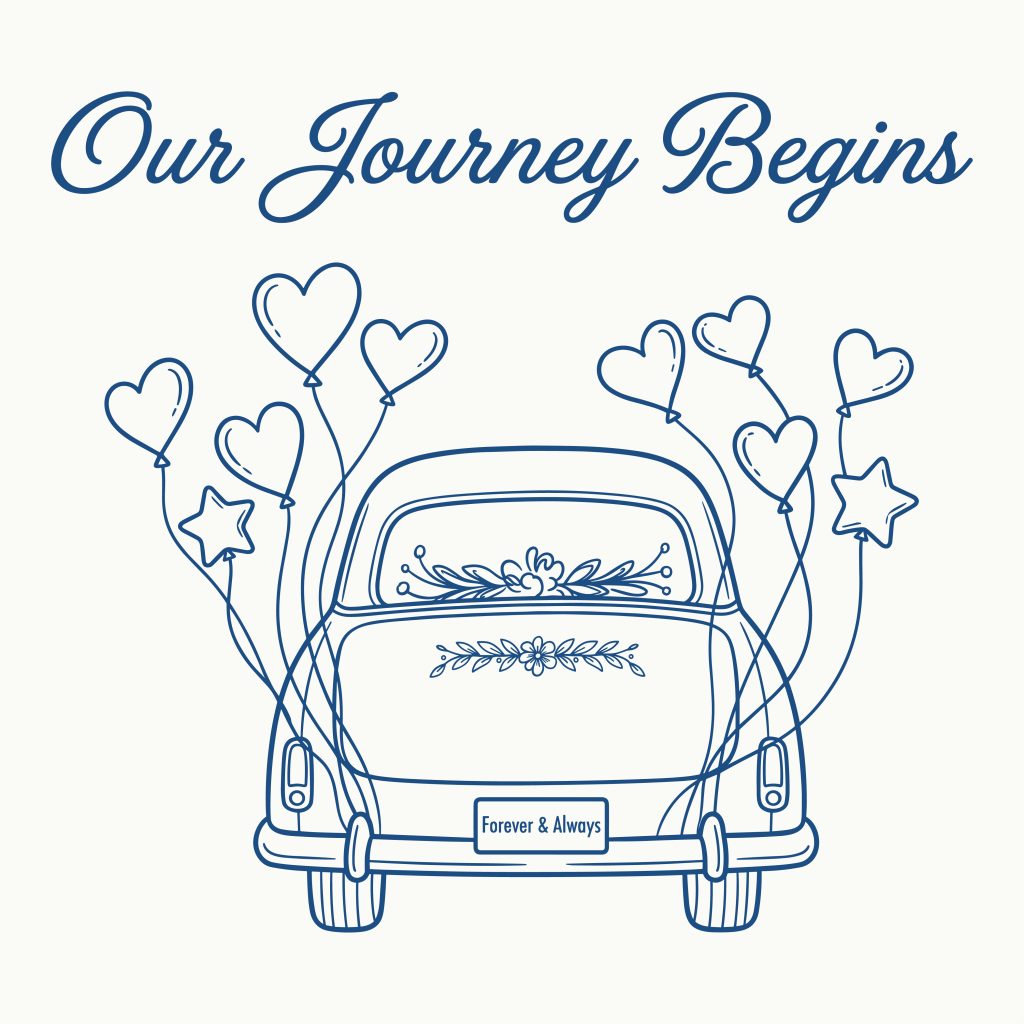 Line art illustration of a vintage just married wedding car with heart balloons and Our Journey Begins text