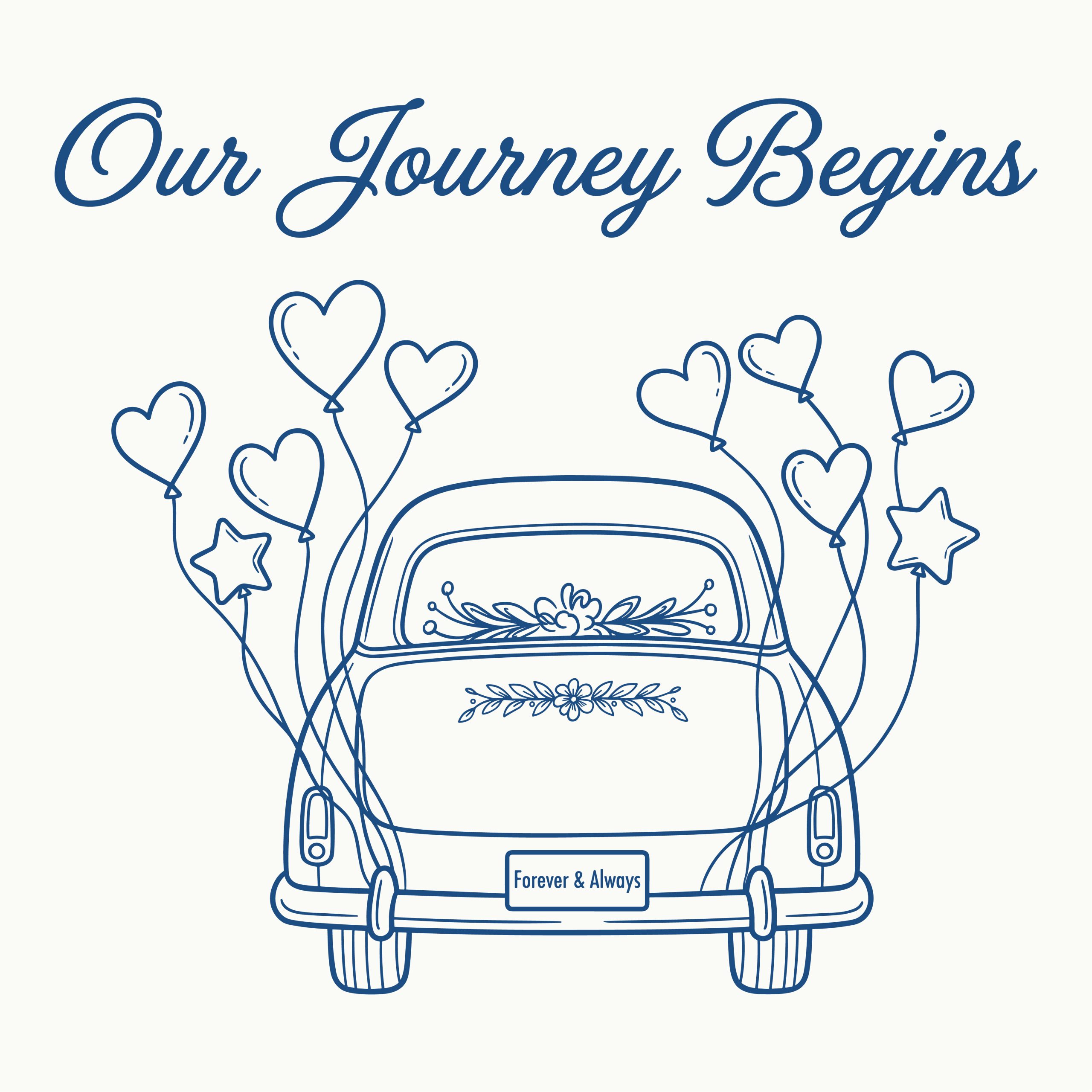 Line art illustration of a vintage just married wedding car with heart balloons and Our Journey Begins text