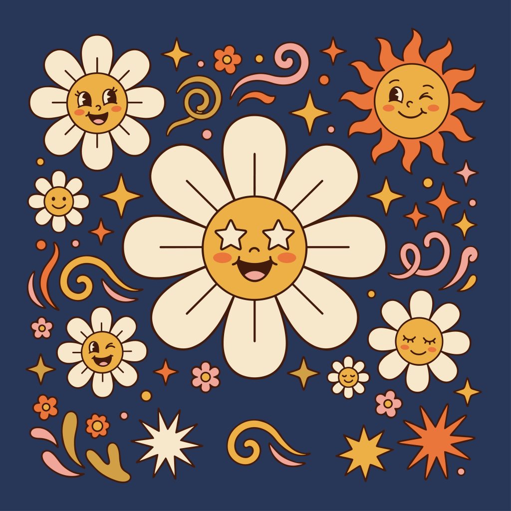 A retro 70s style illustration featuring smiling groovy daisy flowers, a happy sun, and decorative stars on a dark blue background.