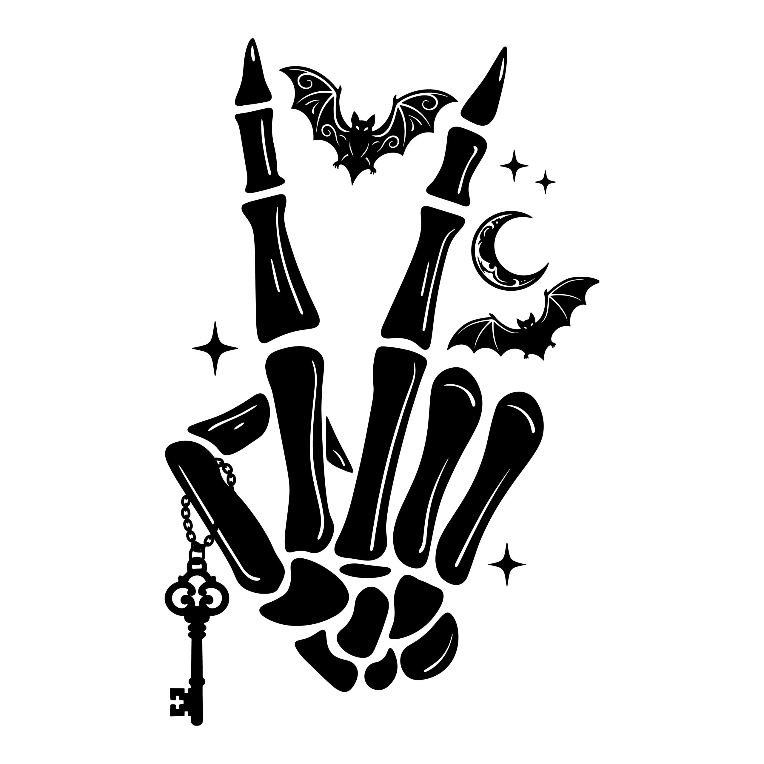 Black silhouette of a skeleton hand making a peace sign, surrounded by flying bats, a crescent moon, stars, and holding a vintage skeleton key.