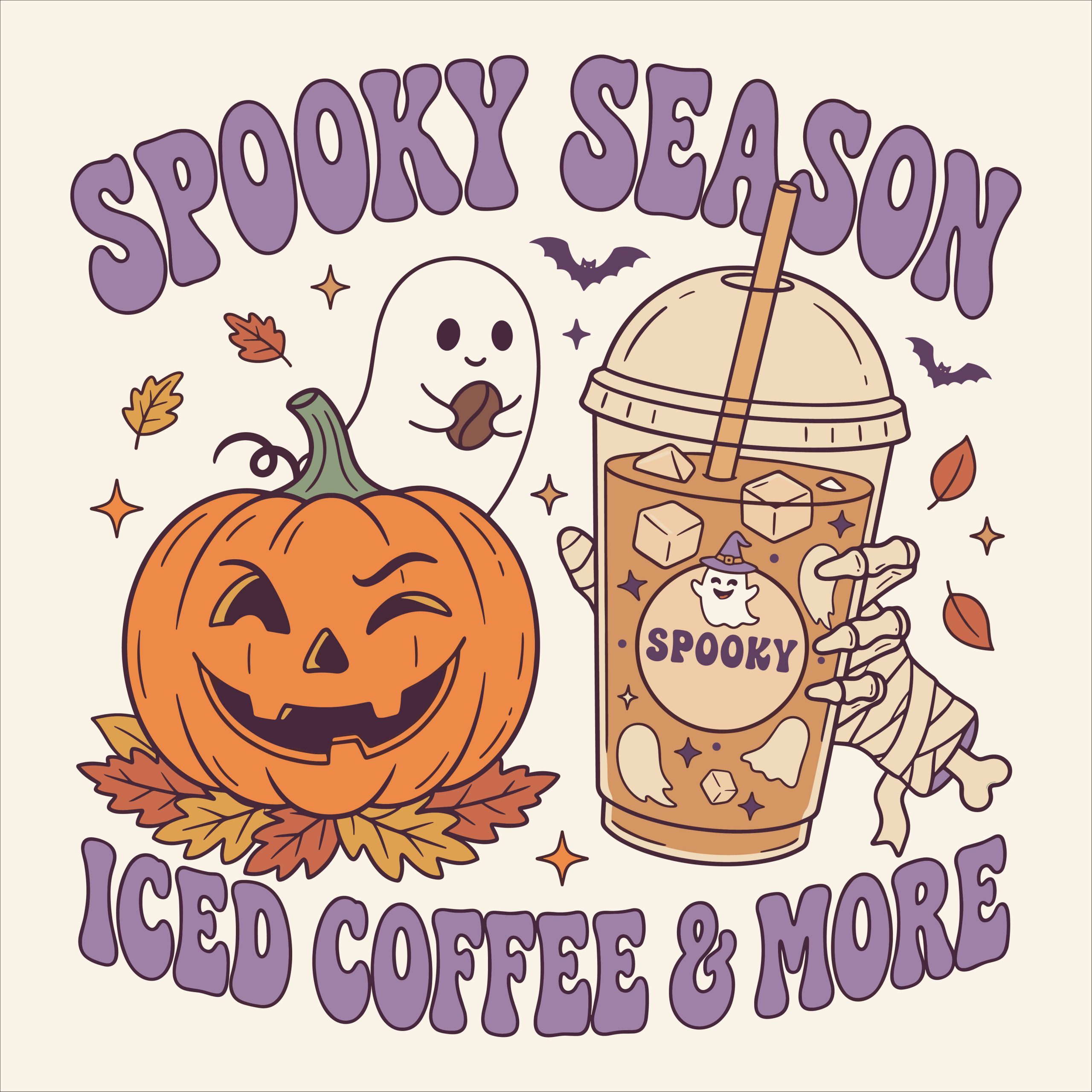 Retro Spooky Season Halloween vector design featuring a grinning jack-o-lantern, a cute ghost, and a skeleton hand holding an iced coffee cup.
