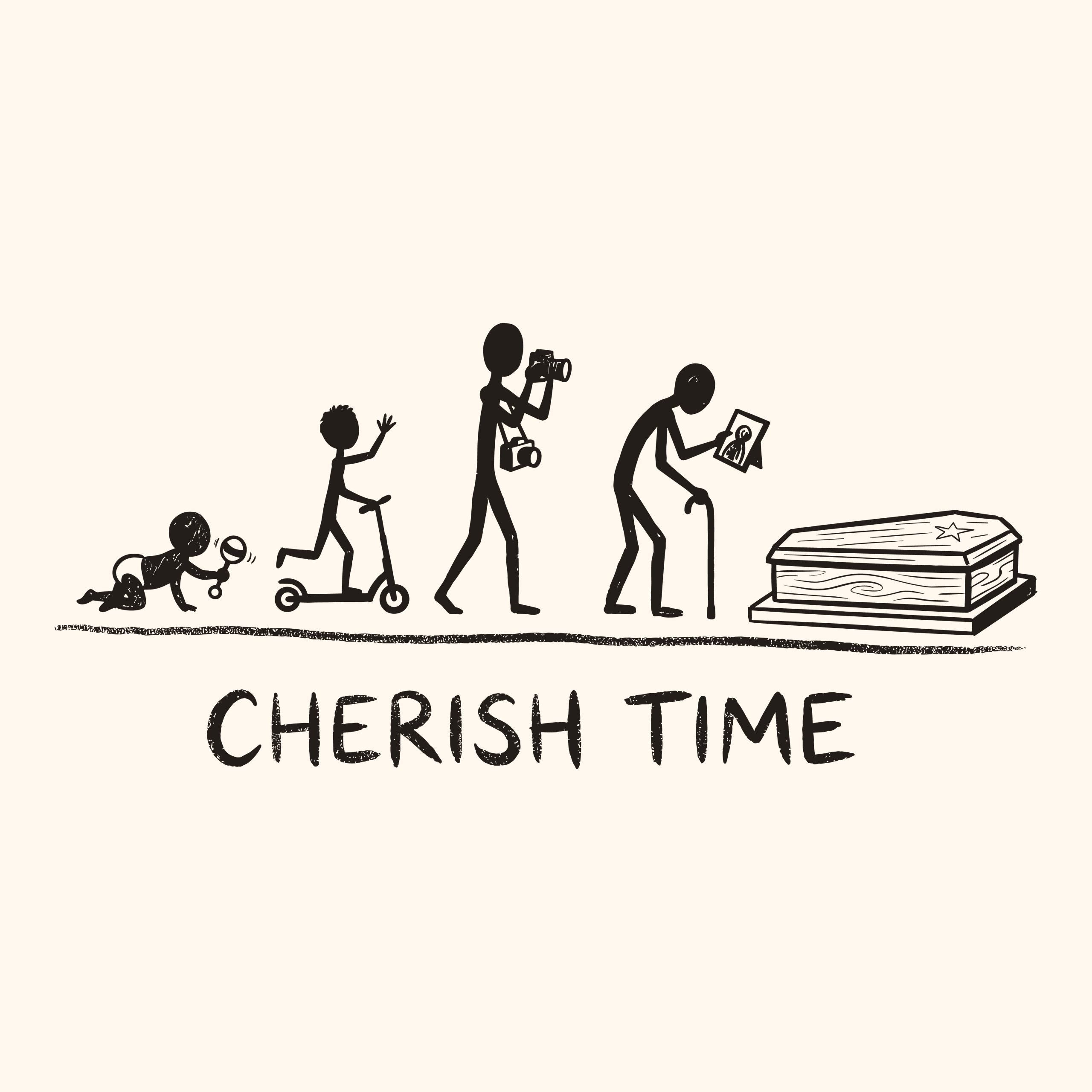 Hand-drawn stick figures showing the stages of human life from a crawling baby to a coffin with the inspirational quote Cherish Time underneath.