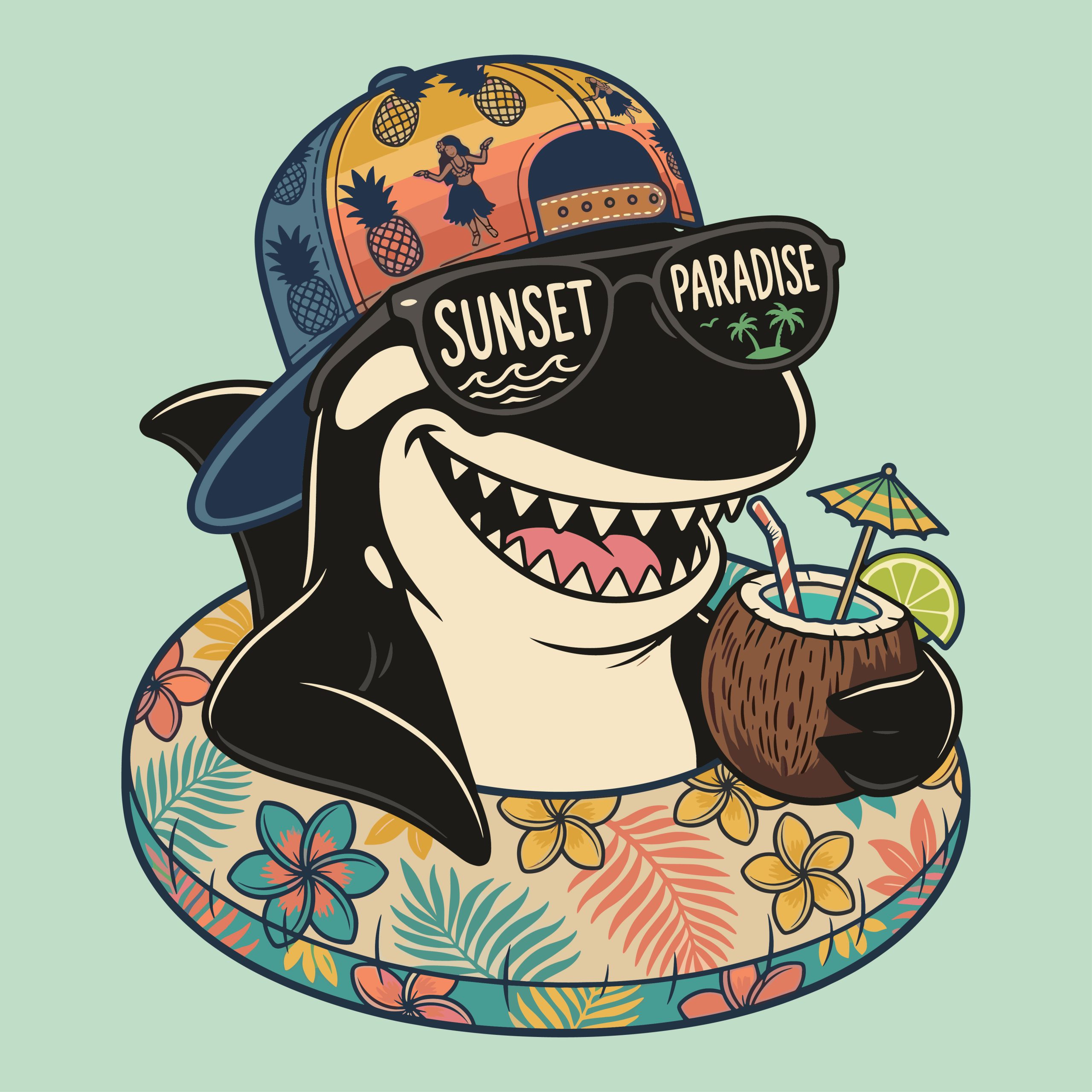 Cool summer orca killer whale floating in a tropical floral tube holding a coconut drink and wearing sunset paradise sunglasses