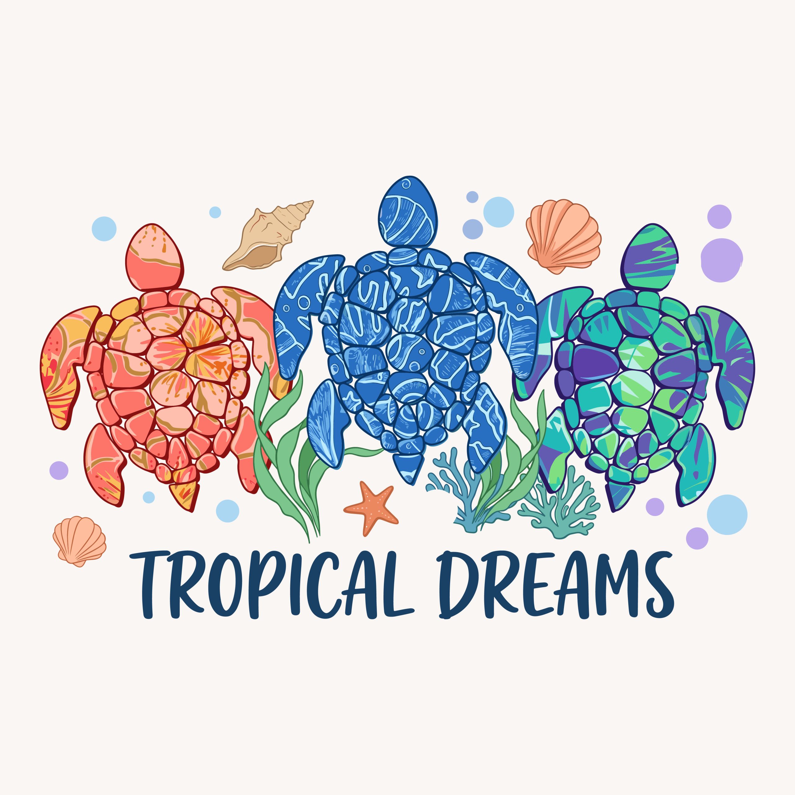 Colorful Tropical Dreams sea turtle SVG design featuring three patterned turtles, seashells, starfish, and coral for summer Cricut and Silhouette crafts.