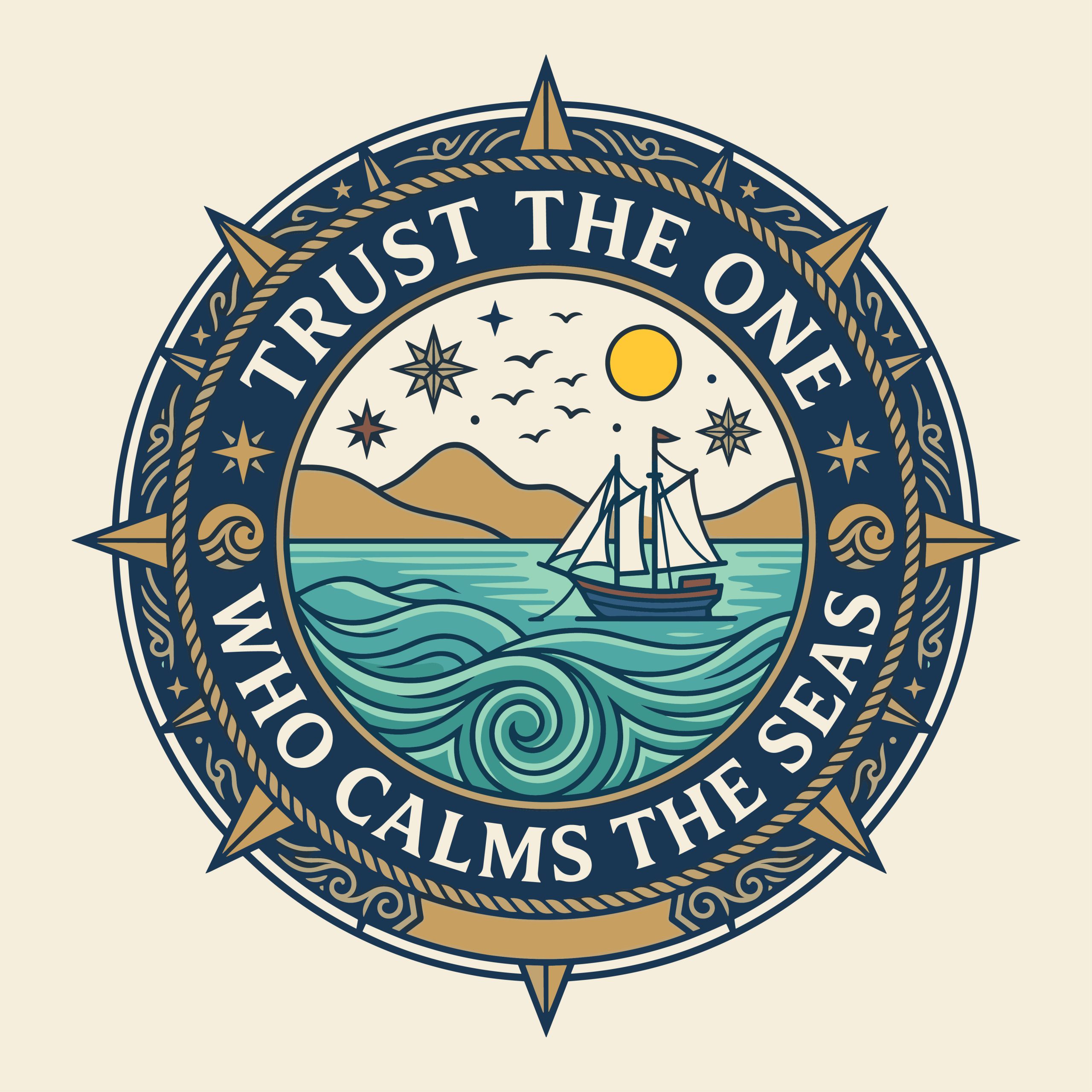 Vintage nautical compass illustration featuring a sailing ship, ocean waves, and the quote Trust The One Who Calms The Seas.
