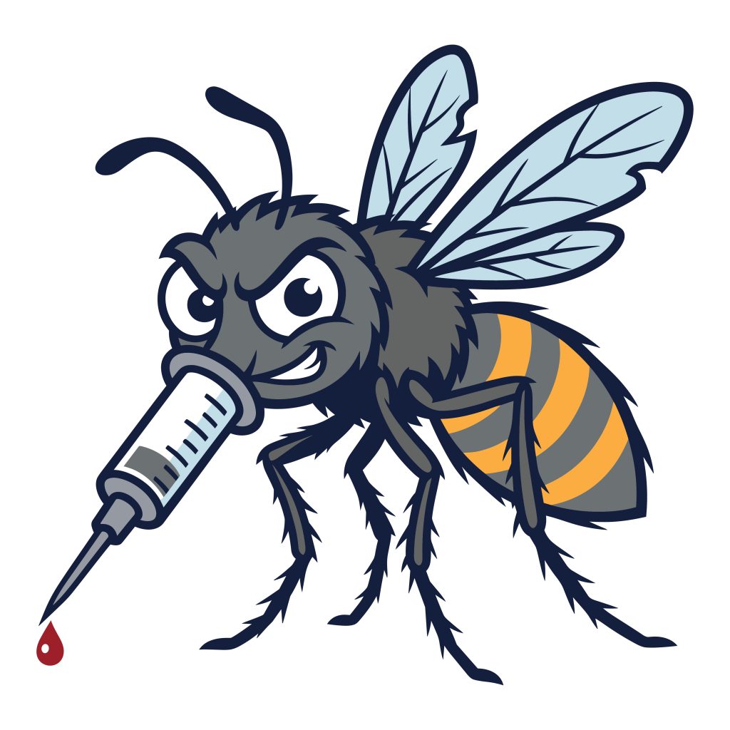 Cartoon illustration of an angry bee mascot holding a medical syringe with a drop of blood.
