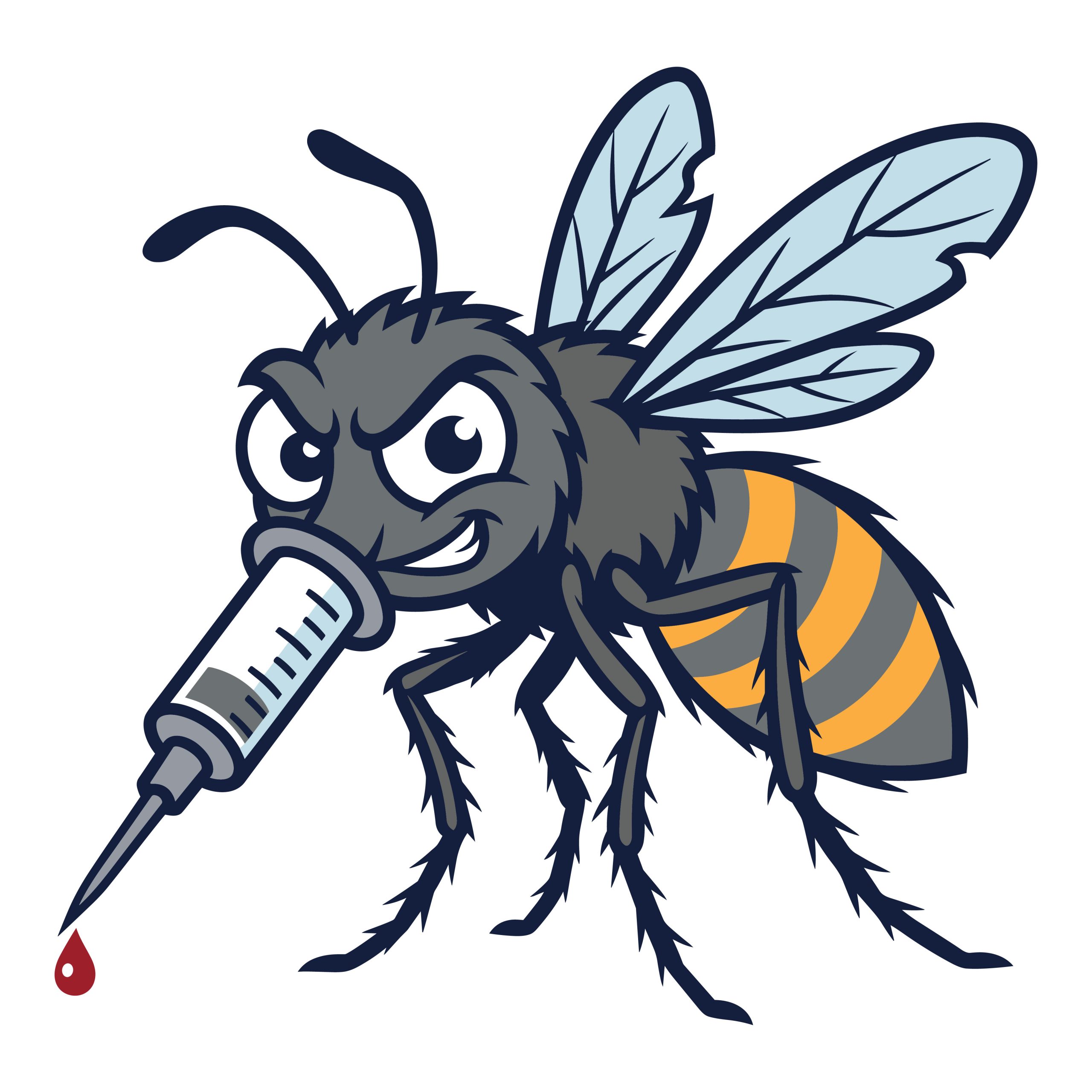 Cartoon illustration of an angry bee mascot holding a medical syringe with a drop of blood.