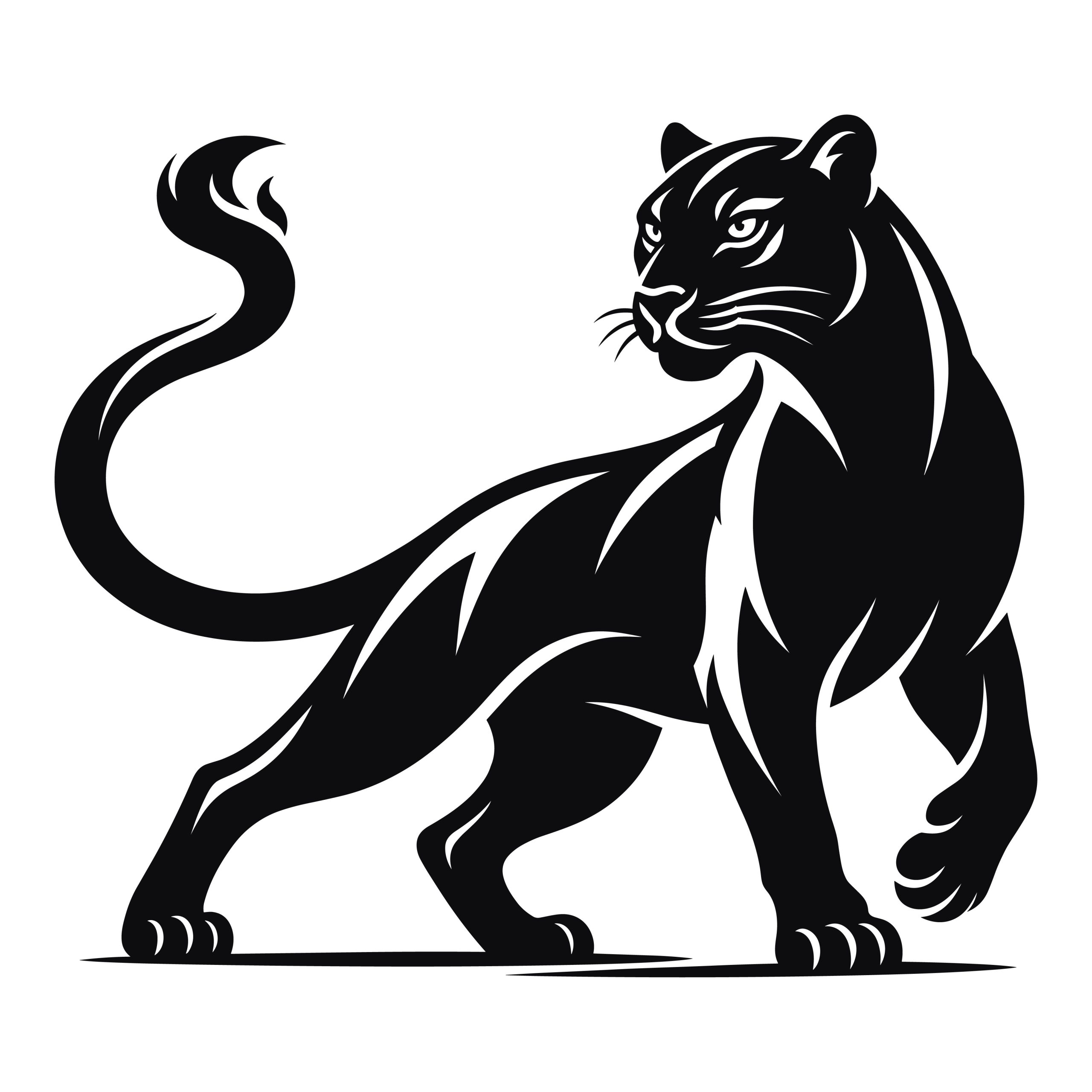 A sleek and powerful black panther silhouette vector illustration looking backward over its shoulder.