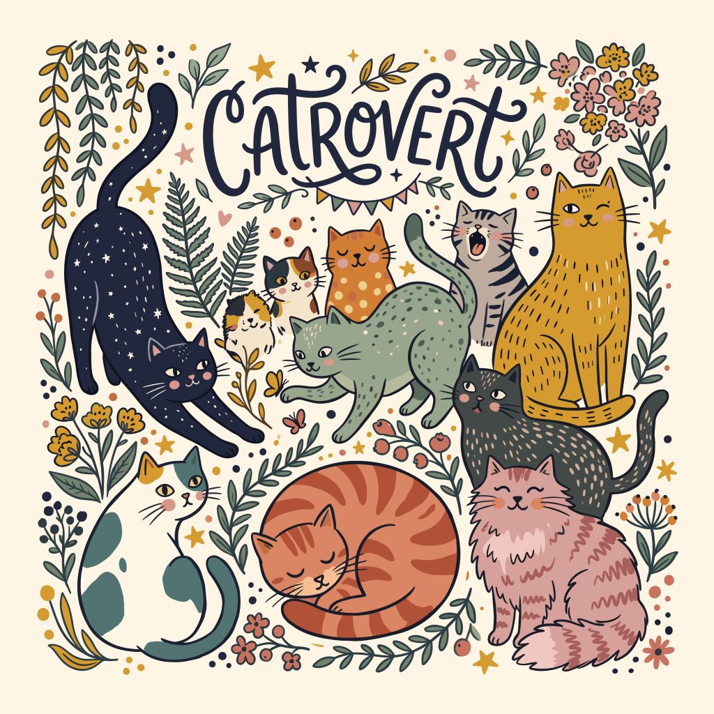 Hand-drawn illustration of multiple cute cats surrounding the word Catrovert with floral elements and stars.