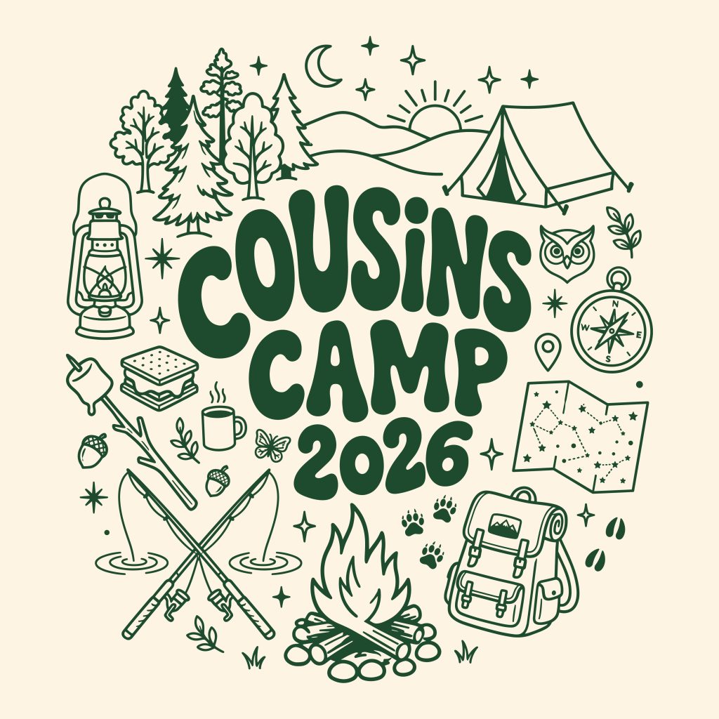 A green line-art illustration featuring the text Cousins Camp 2026 surrounded by a tent, campfire, fishing rods, backpack, lantern, and other outdoor camping elements.
