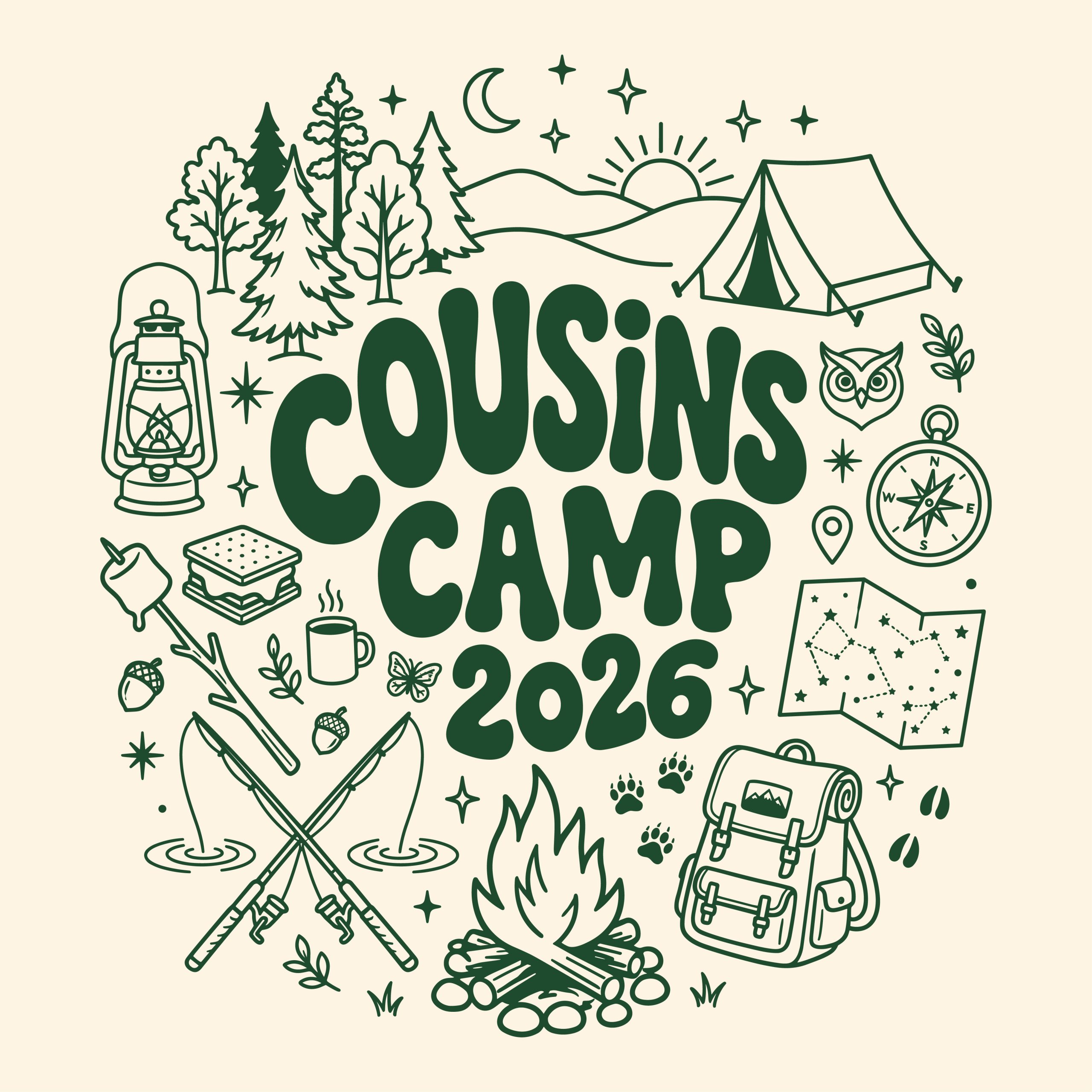 A green line-art illustration featuring the text Cousins Camp 2026 surrounded by a tent, campfire, fishing rods, backpack, lantern, and other outdoor camping elements.