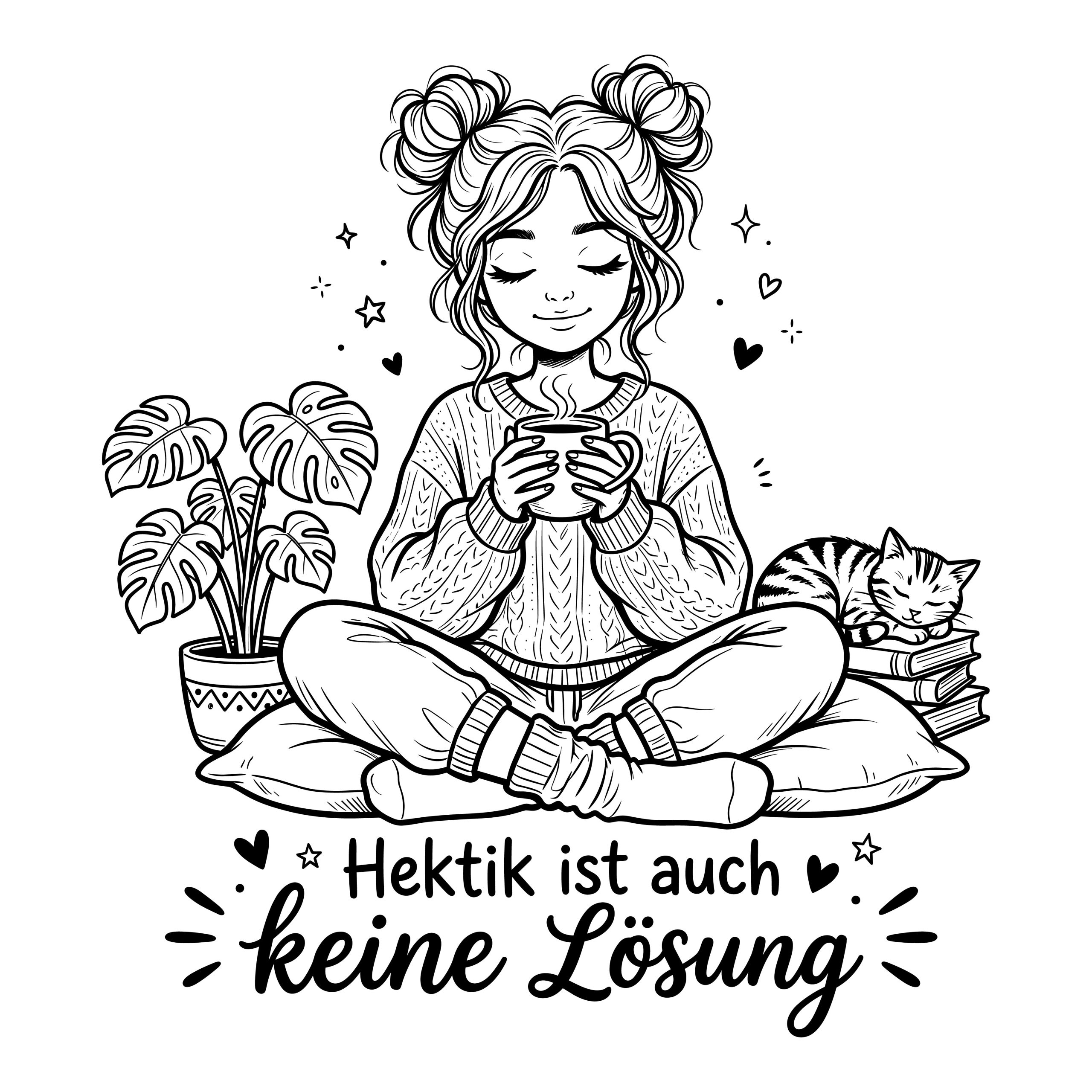 Black and white vector line art of a relaxed girl sitting cross-legged drinking coffee, surrounded by a sleeping cat, a potted monstera plant, and the German quote Hektik ist auch keine Lösung.