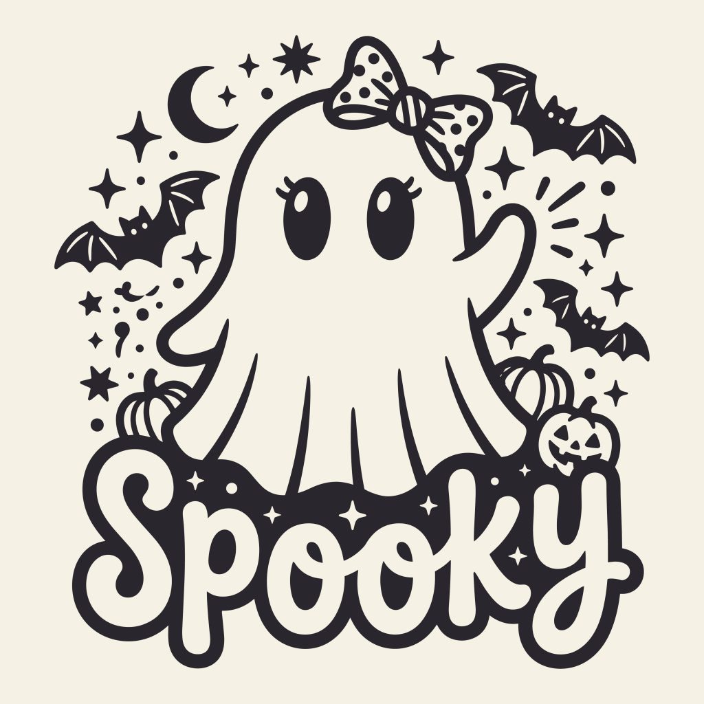 Cute spooky ghost with a bow surrounded by bats, pumpkins, and stars Halloween SVG free vector cut file