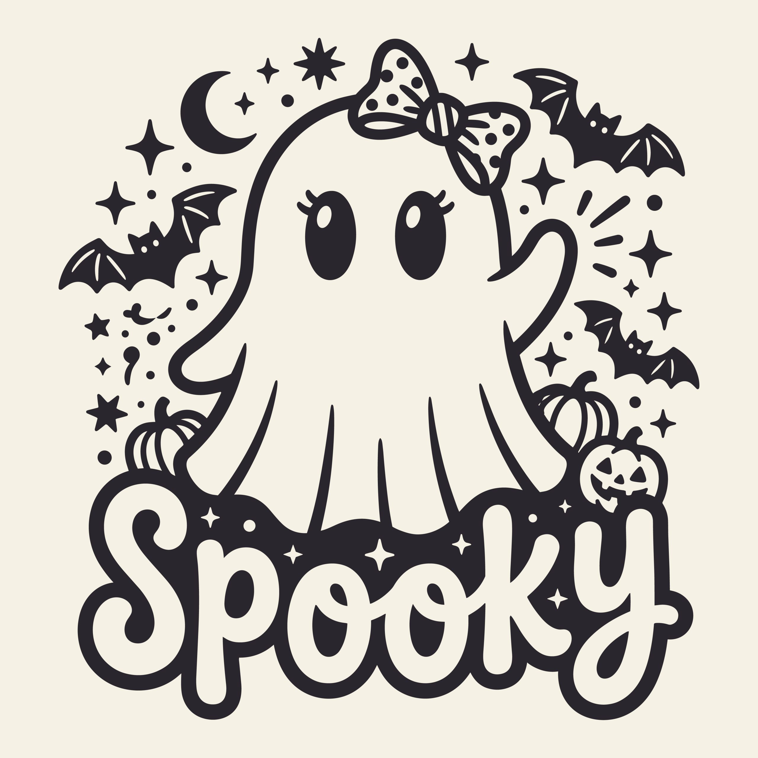 Cute spooky ghost with a bow surrounded by bats, pumpkins, and stars Halloween SVG free vector cut file