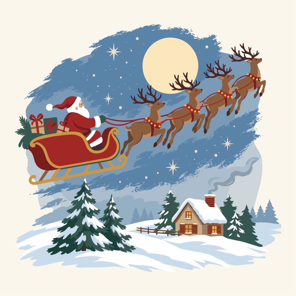 Illustration of Santa Claus flying a sleigh pulled by reindeer over a snowy winter landscape at night.