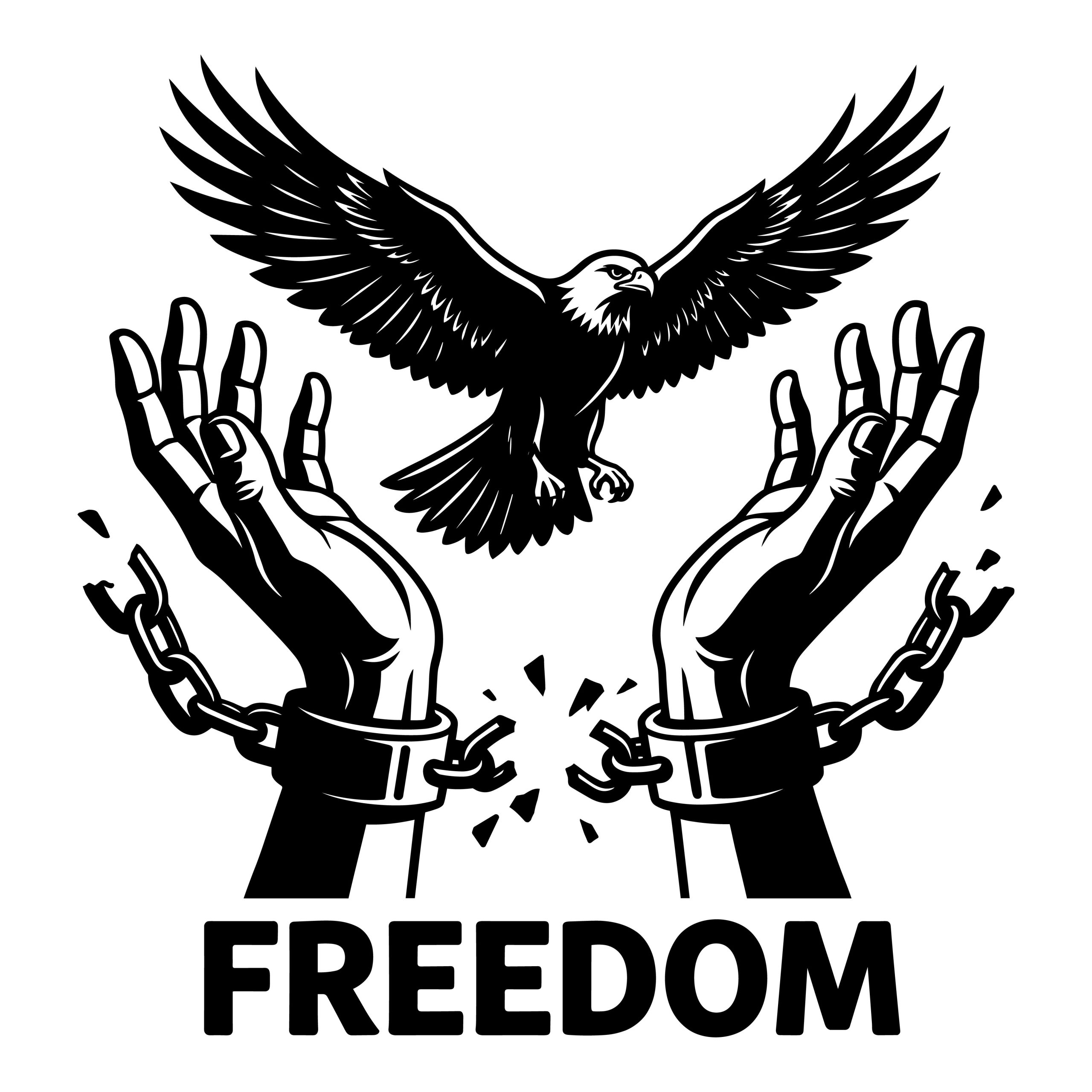 Black and white vector illustration of hands breaking chains with a bald eagle flying above and the word FREEDOM at the bottom.