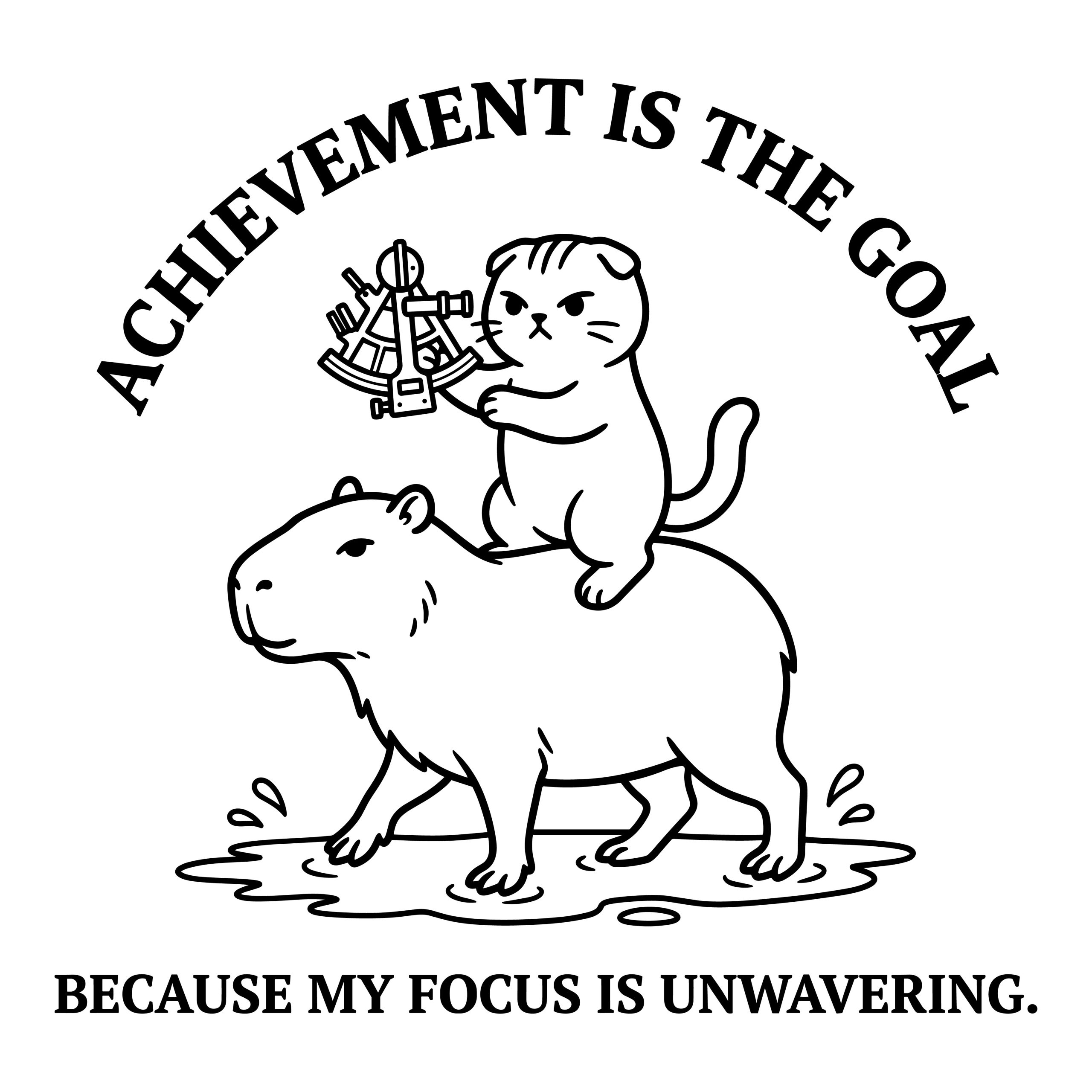 Funny capybara SVG black and white line art illustration featuring a cat holding a sextant, with a motivational achievement quote.