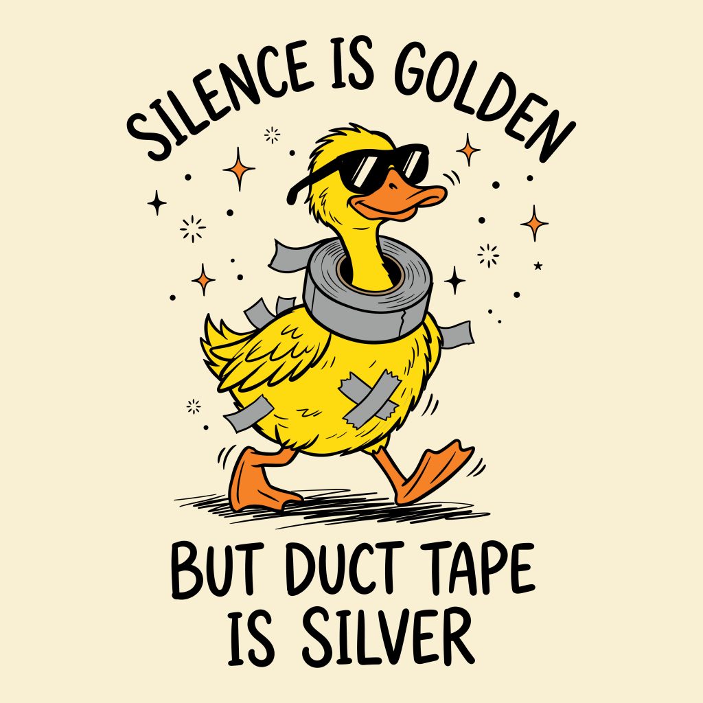 A funny duct tape duck svg featuring a yellow bird wearing black sunglasses and the quote Silence is golden but duct tape is silver.
