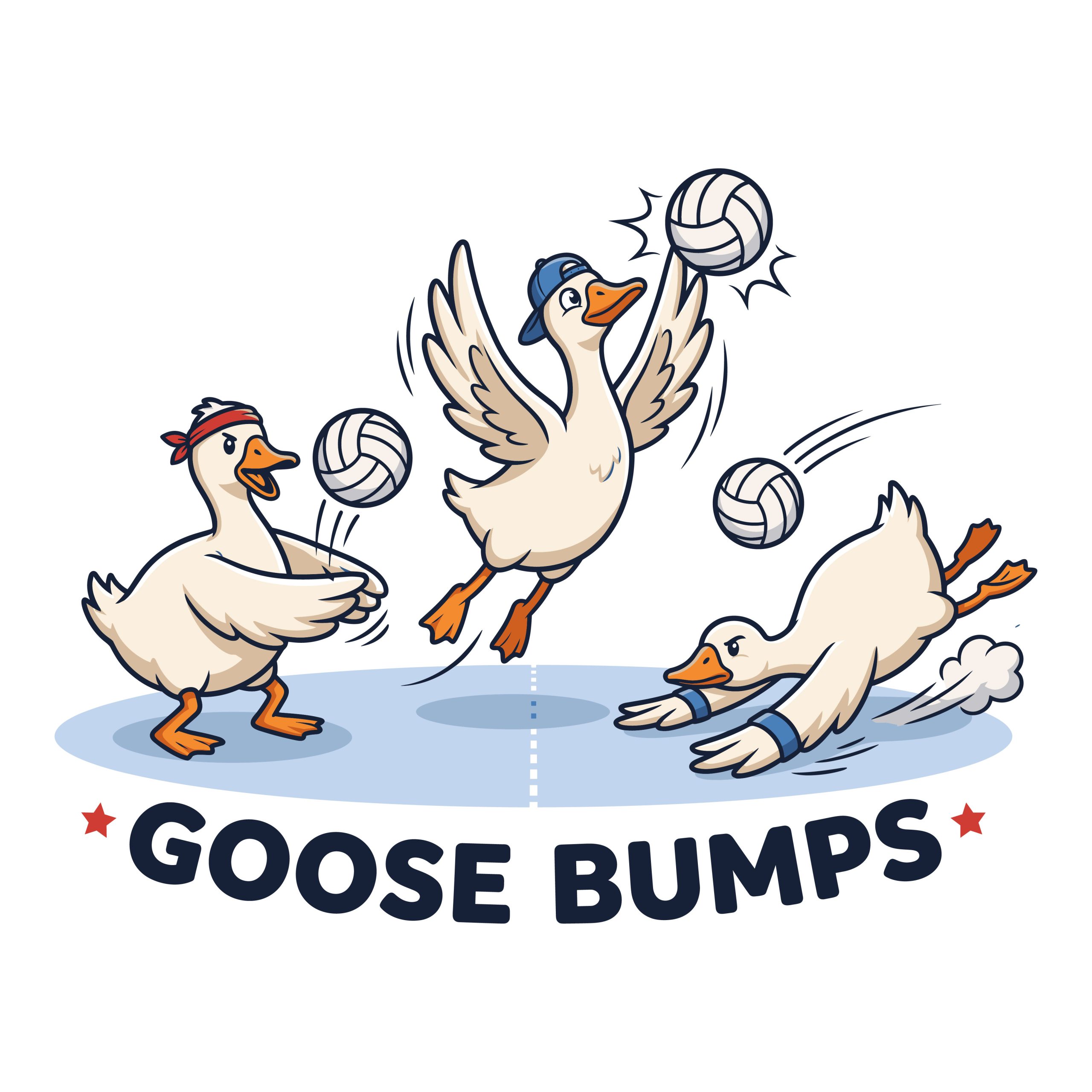 Cartoon vector illustration of three geese playing volleyball with the text Goose Bumps underneath.