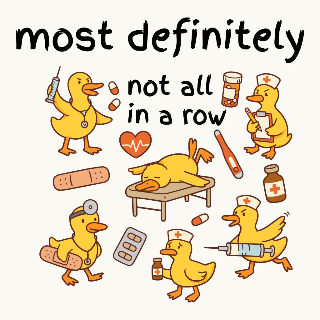 Funny medical ducks svg featuring a chaotic group of cartoon ducks in doctor and nurse outfits.