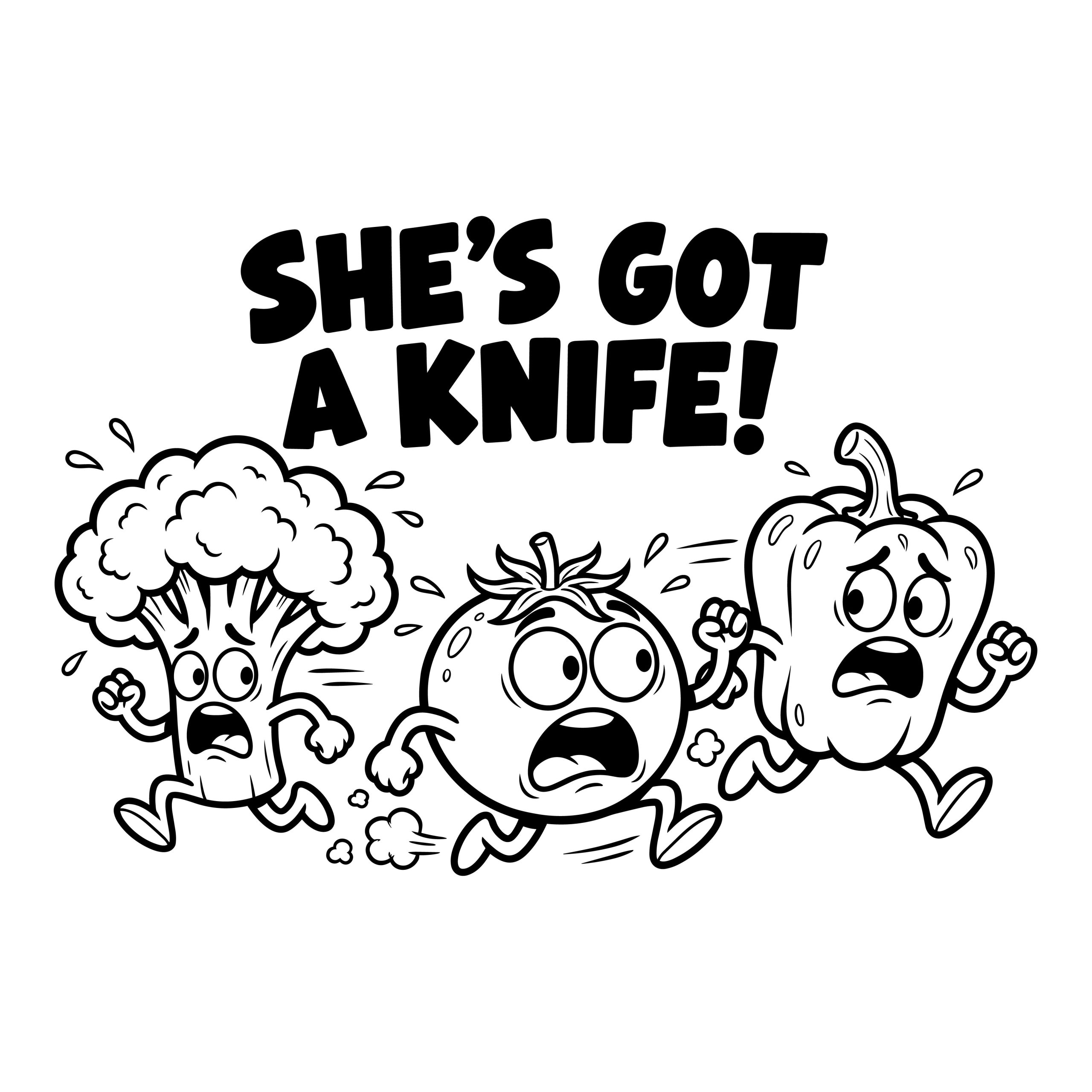 Funny vegetables SVG showing a black and white cartoon broccoli, tomato, and bell pepper running away scared under the text SHE'S GOT A KNIFE.