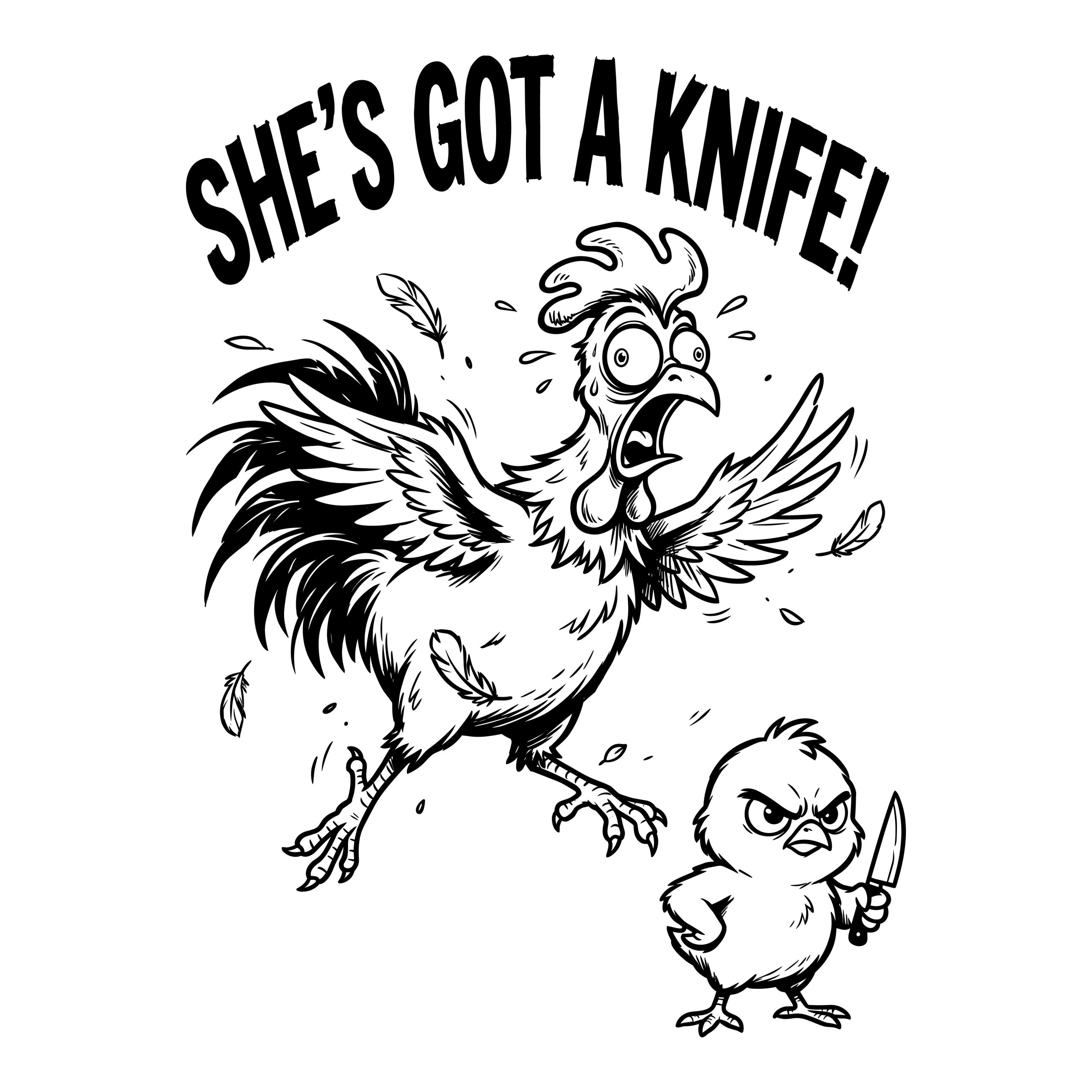 Funny cartoon illustration of a scared rooster running away from an angry little chick holding a knife with the text She's Got a Knife, available as a free SVG and vector download.