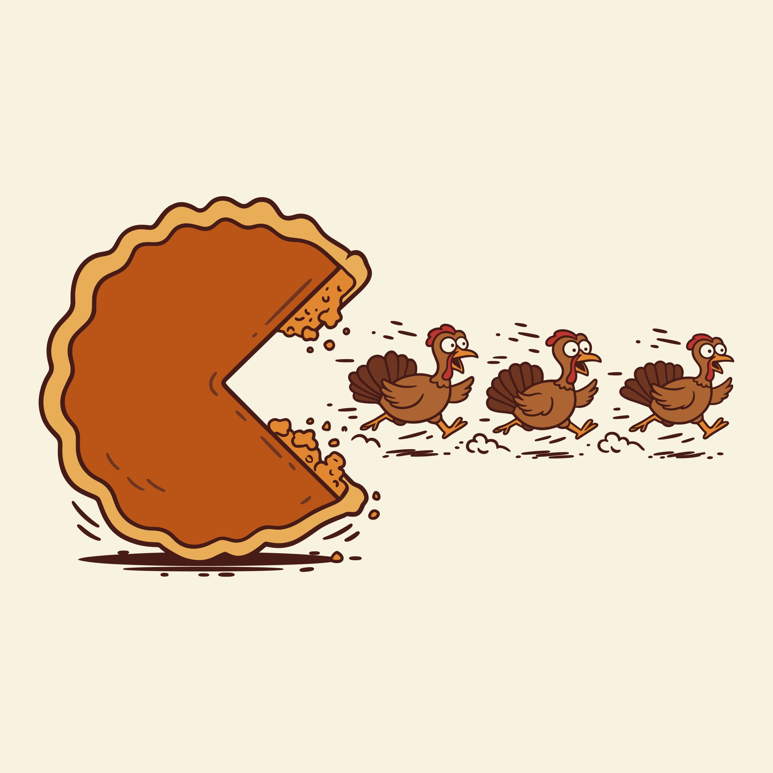 Funny Thanksgiving vector illustration showing a giant slice of pumpkin pie chasing three frightened turkeys.