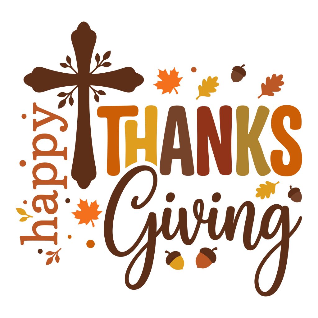 Happy Thanksgiving text with a brown Christian cross, orange autumn leaves, and acorns.