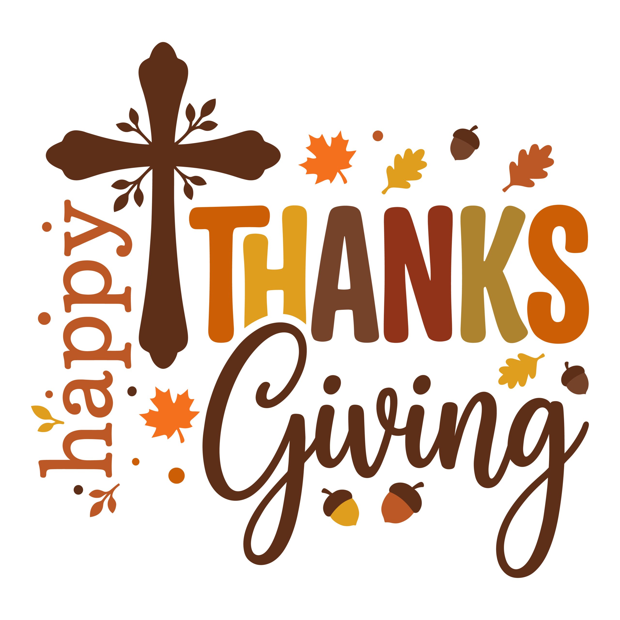 Happy Thanksgiving text with a brown Christian cross, orange autumn leaves, and acorns.