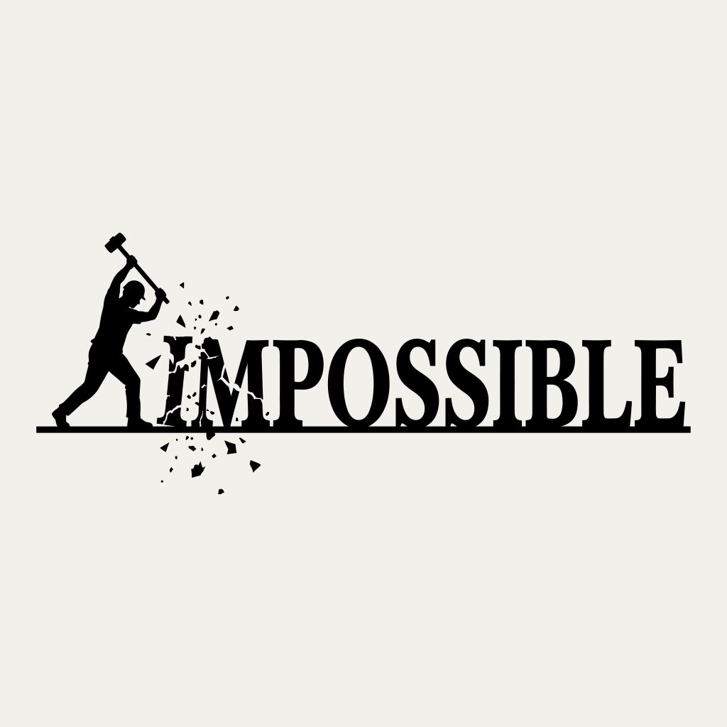 Smashing impossible SVG showing a black silhouette of a person using a sledgehammer to break the letters IM from IMPOSSIBLE.