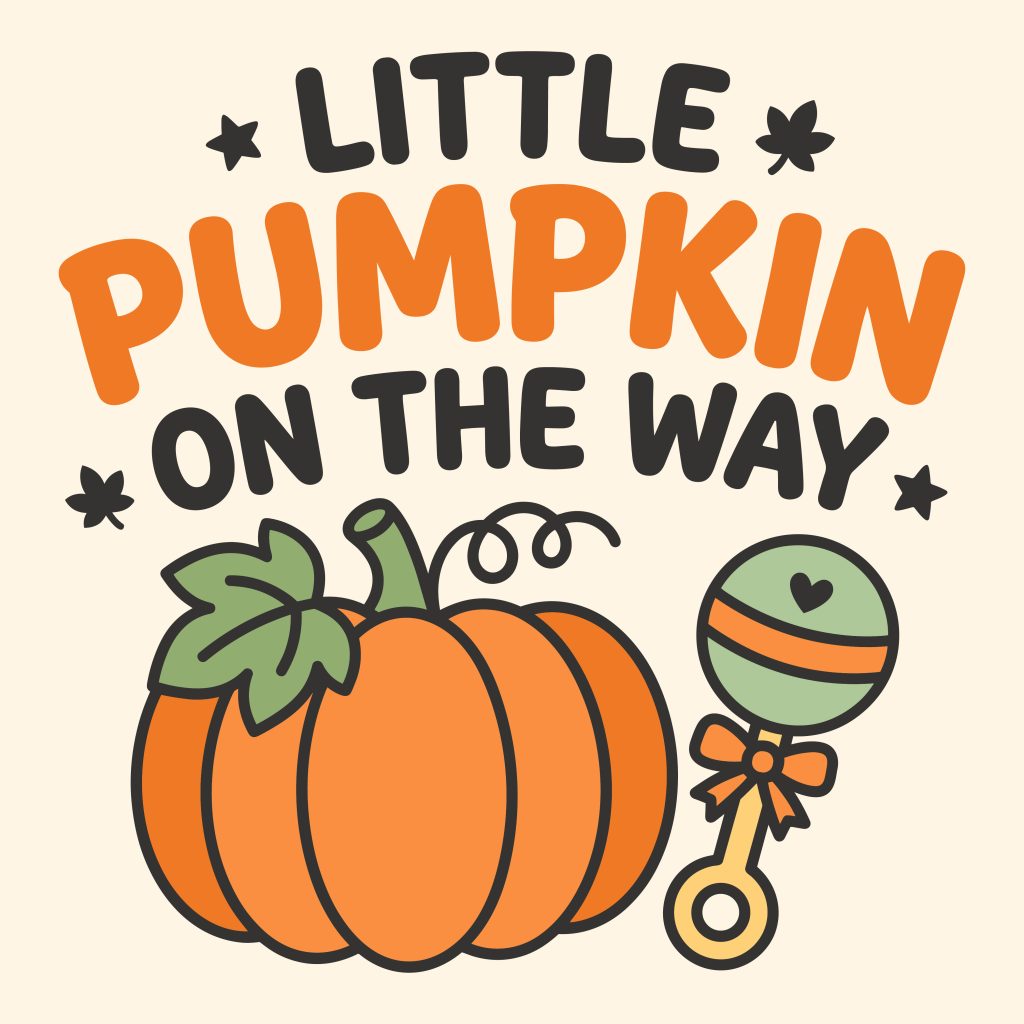 Little Pumpkin On The Way fall baby shower vector design featuring an orange pumpkin and a baby rattle.