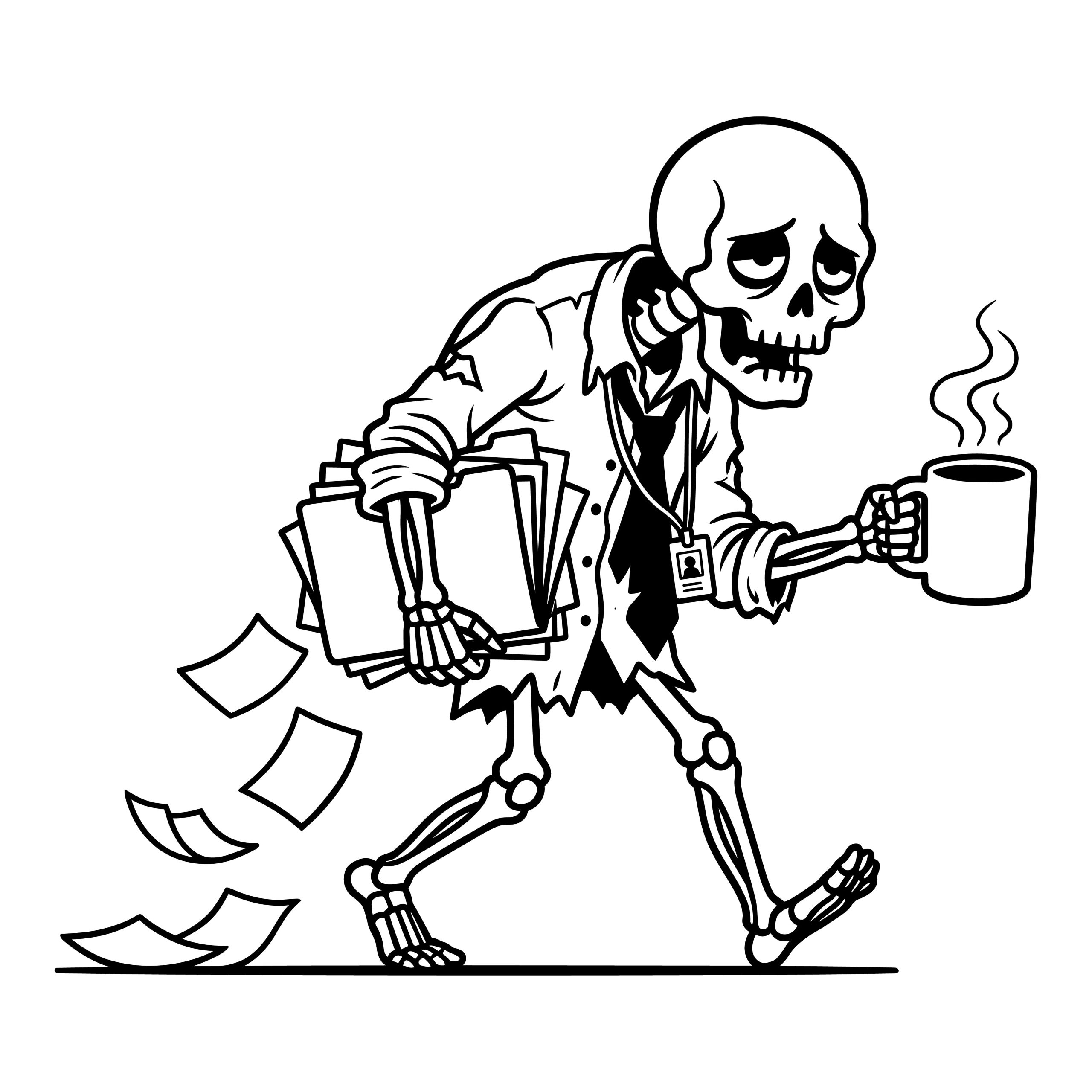 Black and white cartoon illustration of an exhausted skeleton in a torn office shirt and tie, spilling paperwork from folders while carrying a steaming mug of coffee.