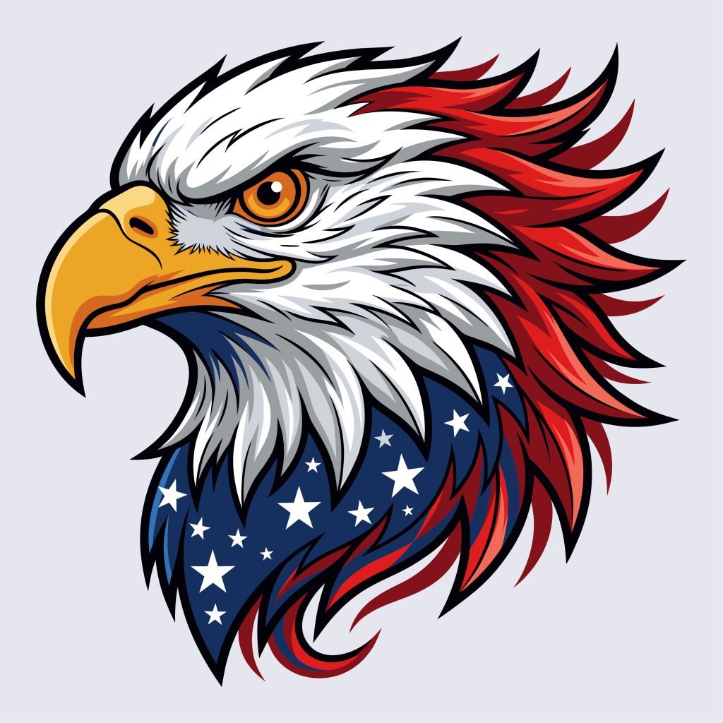 Detailed vector illustration of a bald eagle's head integrated with the American flag's stars and stripes.