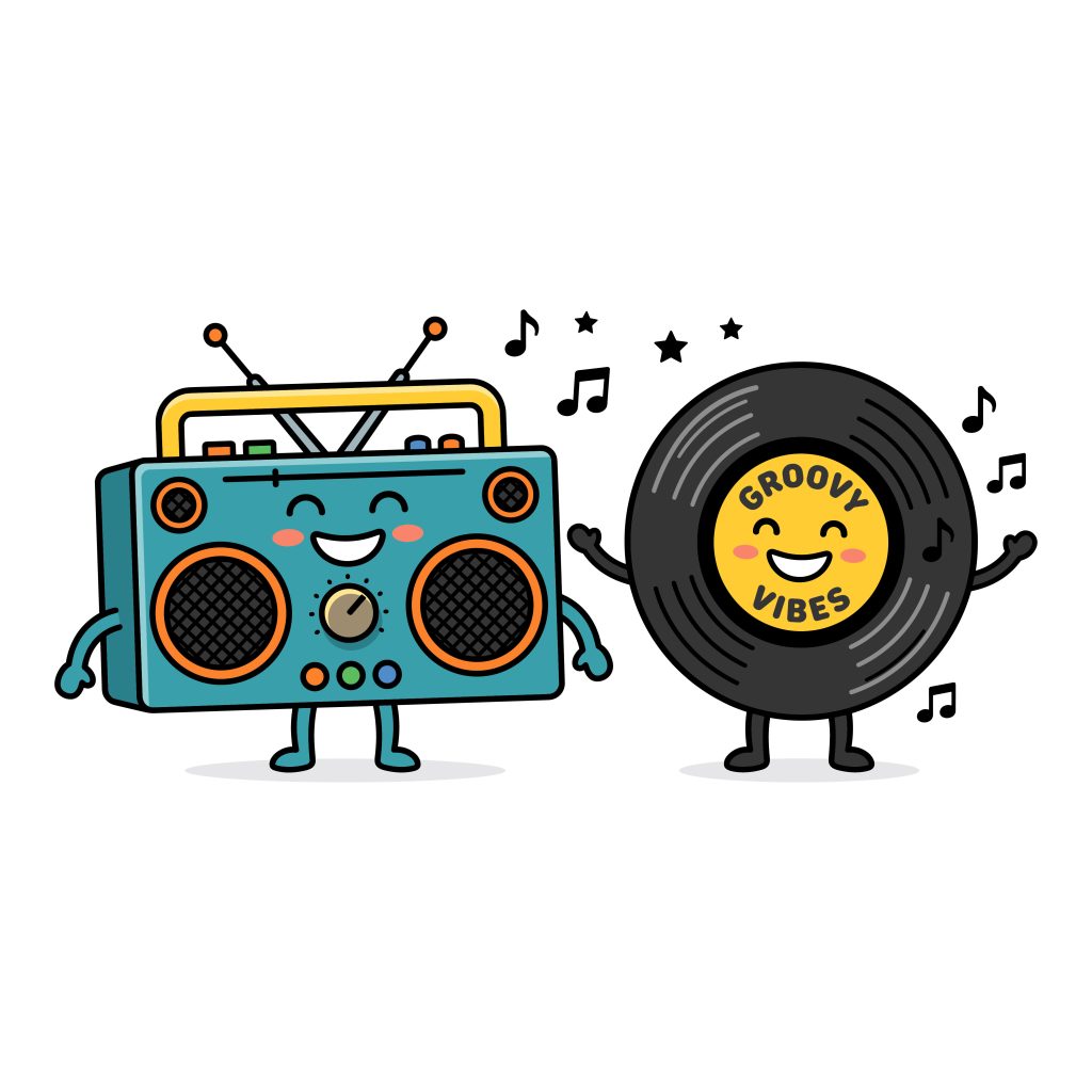 Cute cartoon retro blue boombox and black vinyl record characters holding hands, surrounded by music notes and stars with text reading groovy vibes.