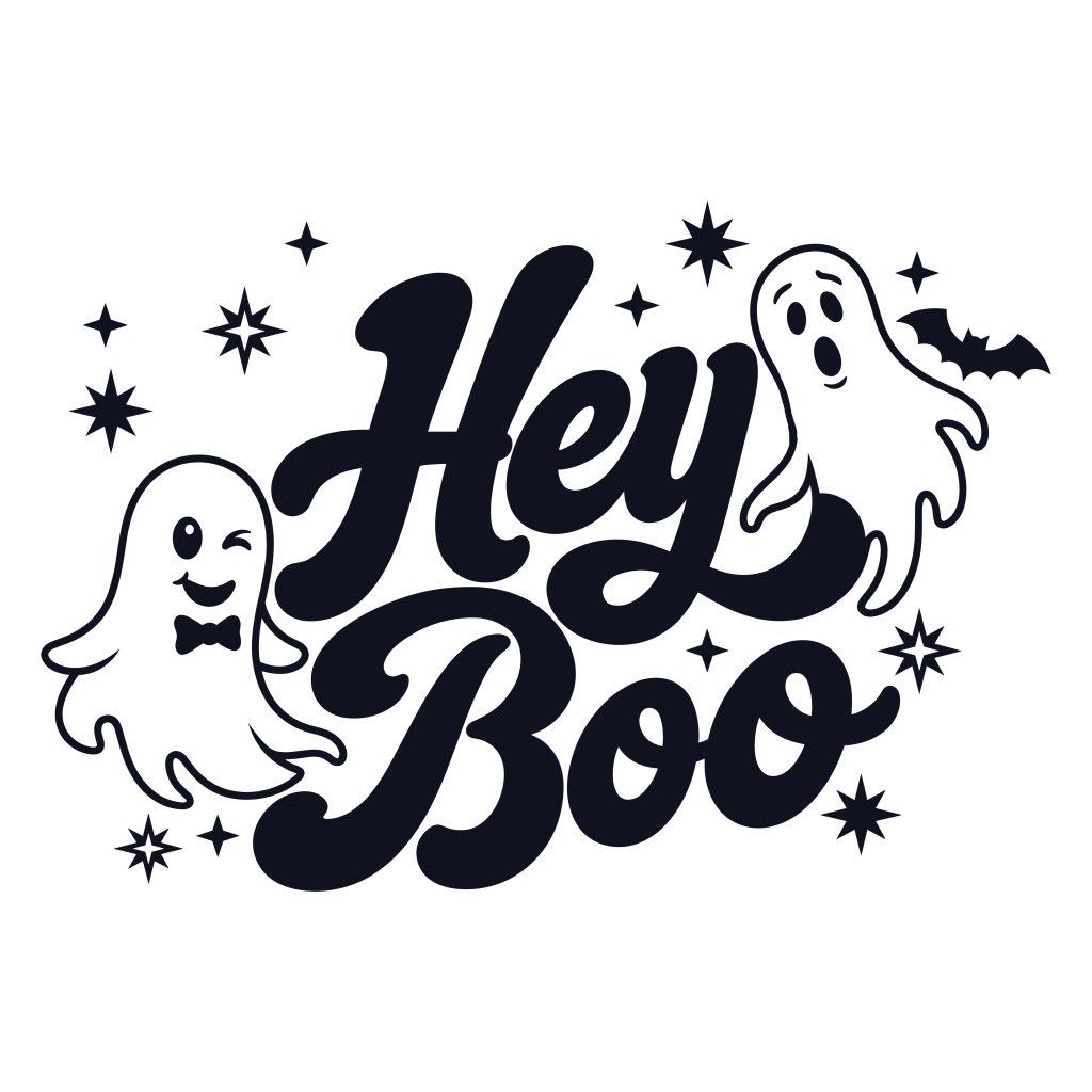 Retro Hey Boo ghost SVG design featuring cute winking and surprised ghosts with stars and a bat for Halloween crafts.