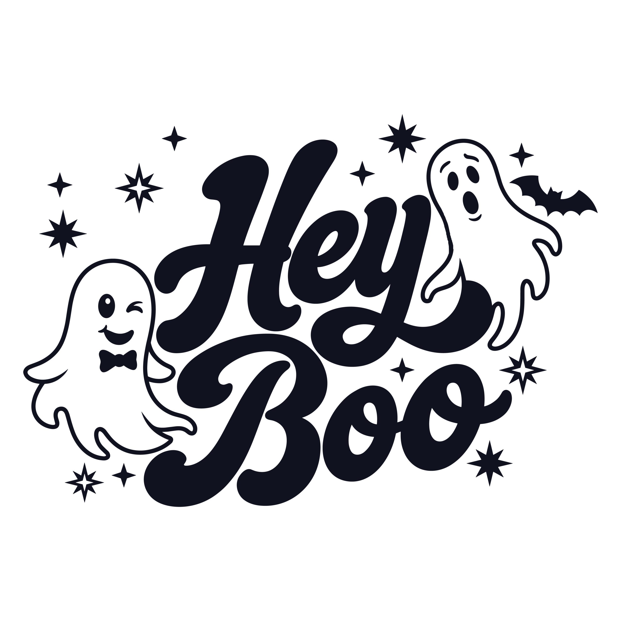 Retro Hey Boo ghost SVG design featuring cute winking and surprised ghosts with stars and a bat for Halloween crafts.