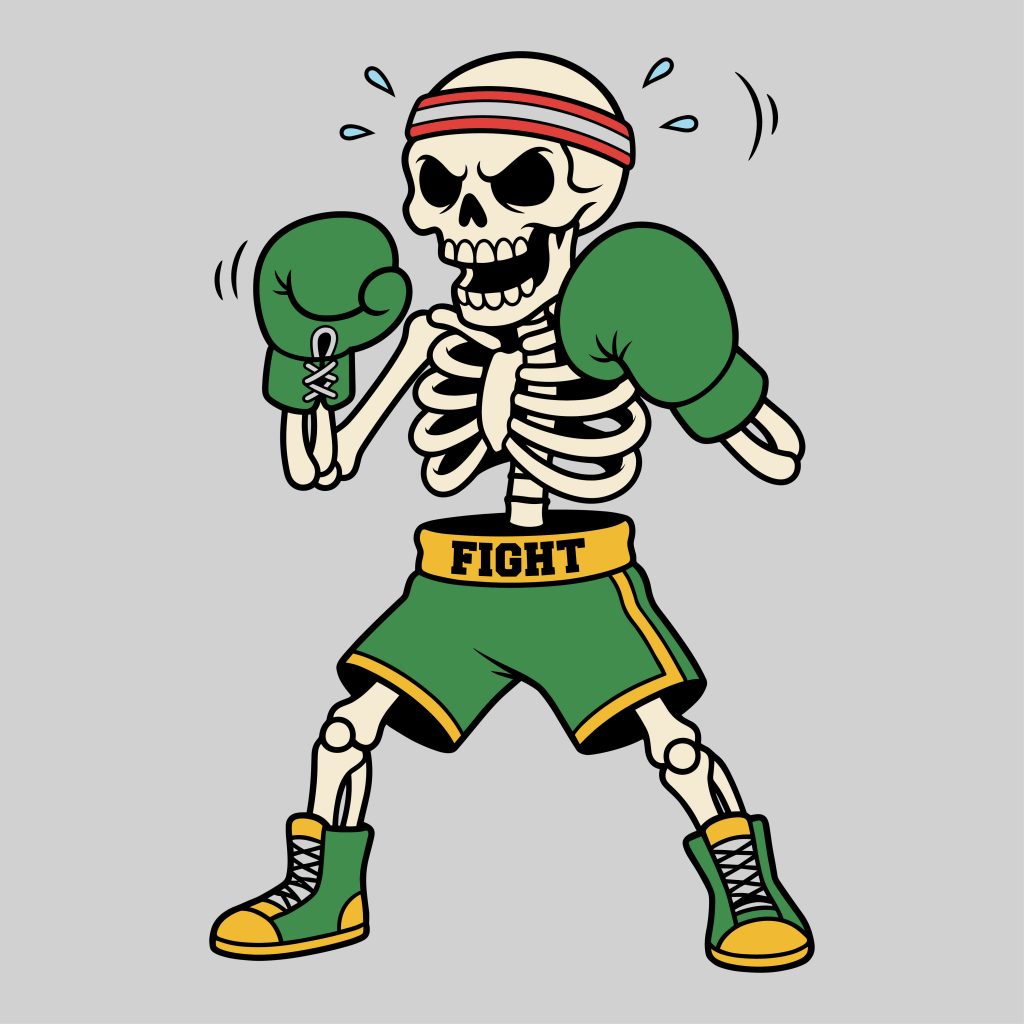 Skeleton boxer svg showing a cartoon skeleton wearing a red and white headband, green boxing gloves, and green shorts with the word FIGHT.