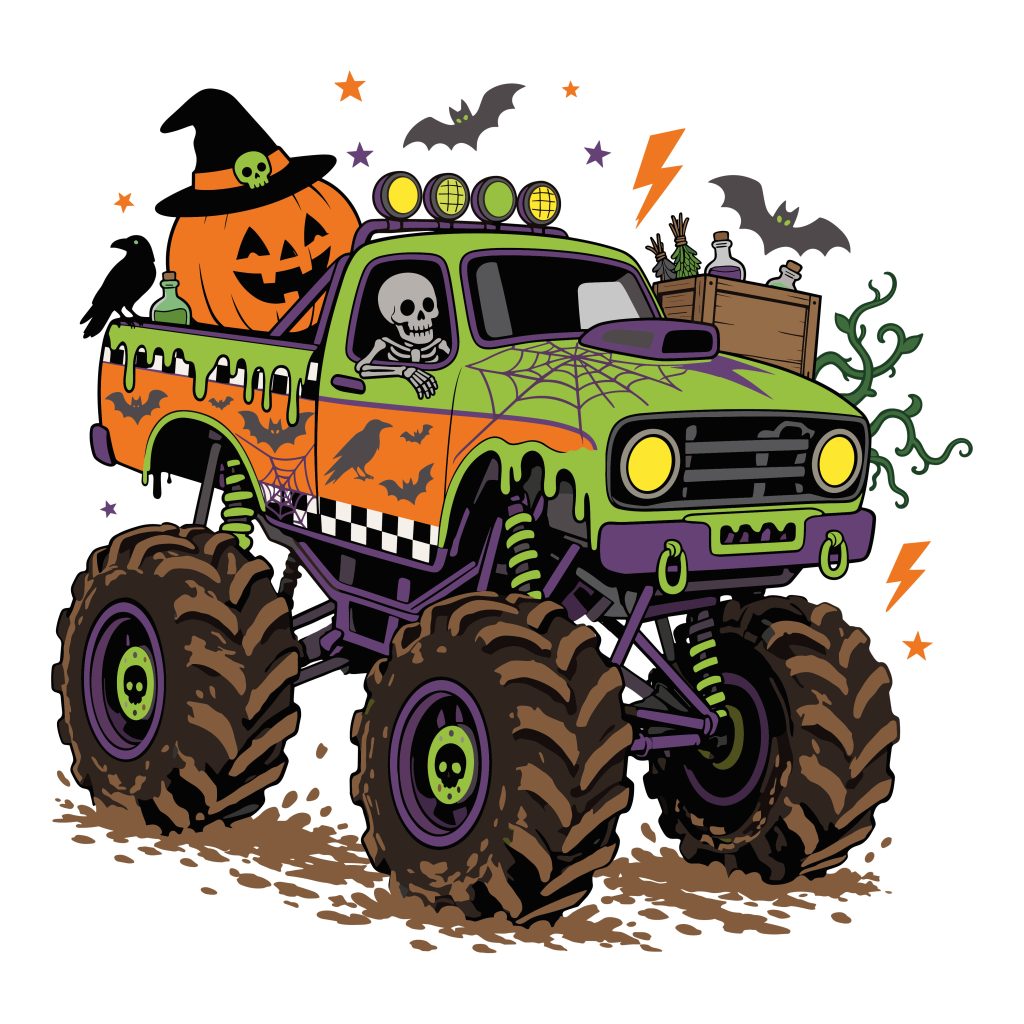 A spooky Halloween monster truck driven by a skeleton, carrying a large carved pumpkin with a witch hat in the back, surrounded by bats, potions, and spiderwebs.