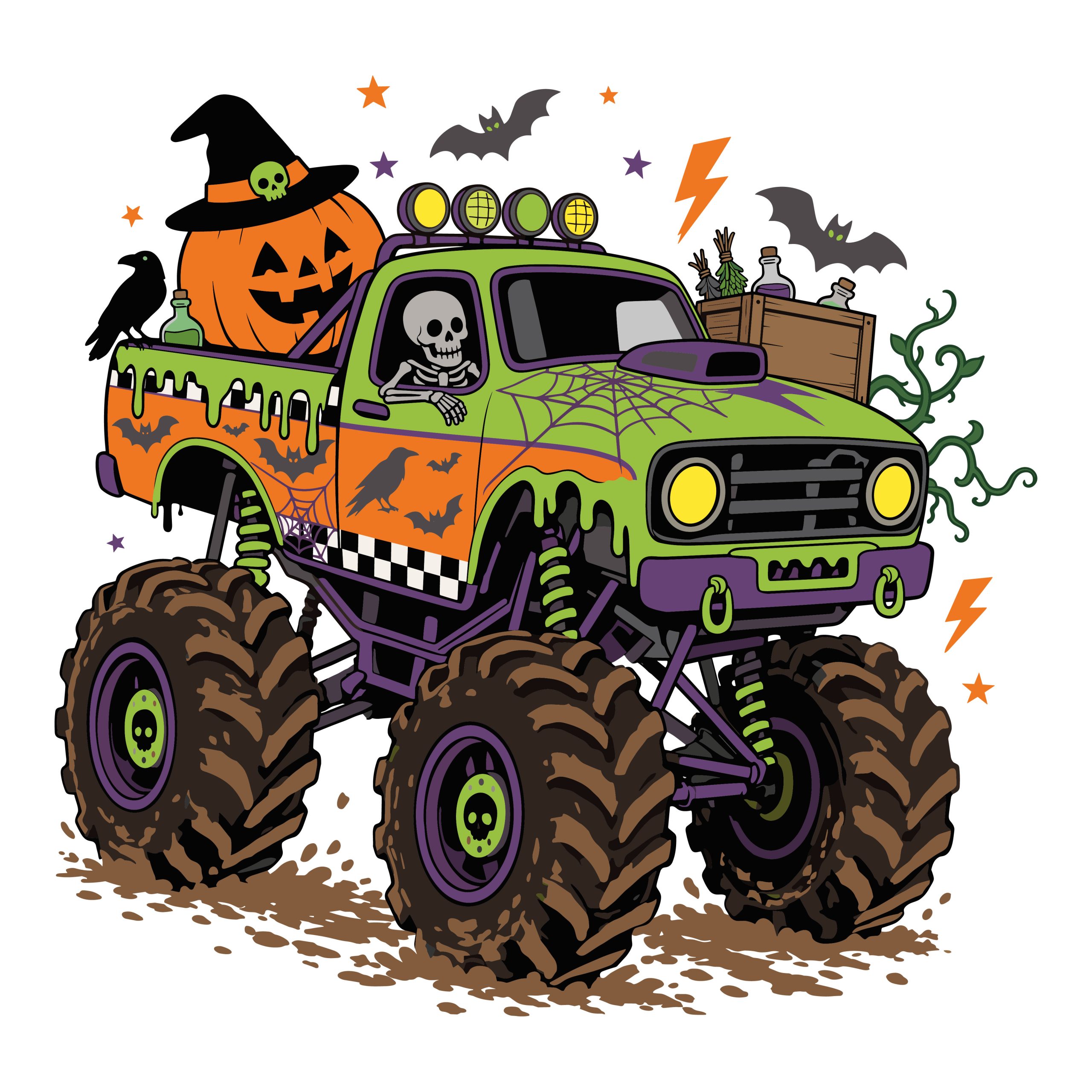 A spooky Halloween monster truck driven by a skeleton, carrying a large carved pumpkin with a witch hat in the back, surrounded by bats, potions, and spiderwebs.