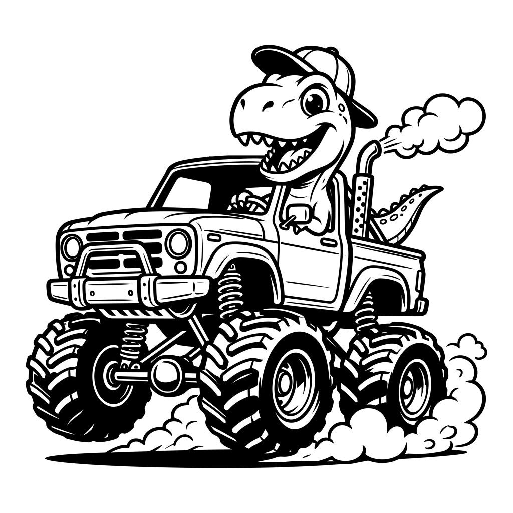 Black and white line art of a smiling cartoon T-Rex wearing a baseball cap and driving a monster truck with large off-road tires.