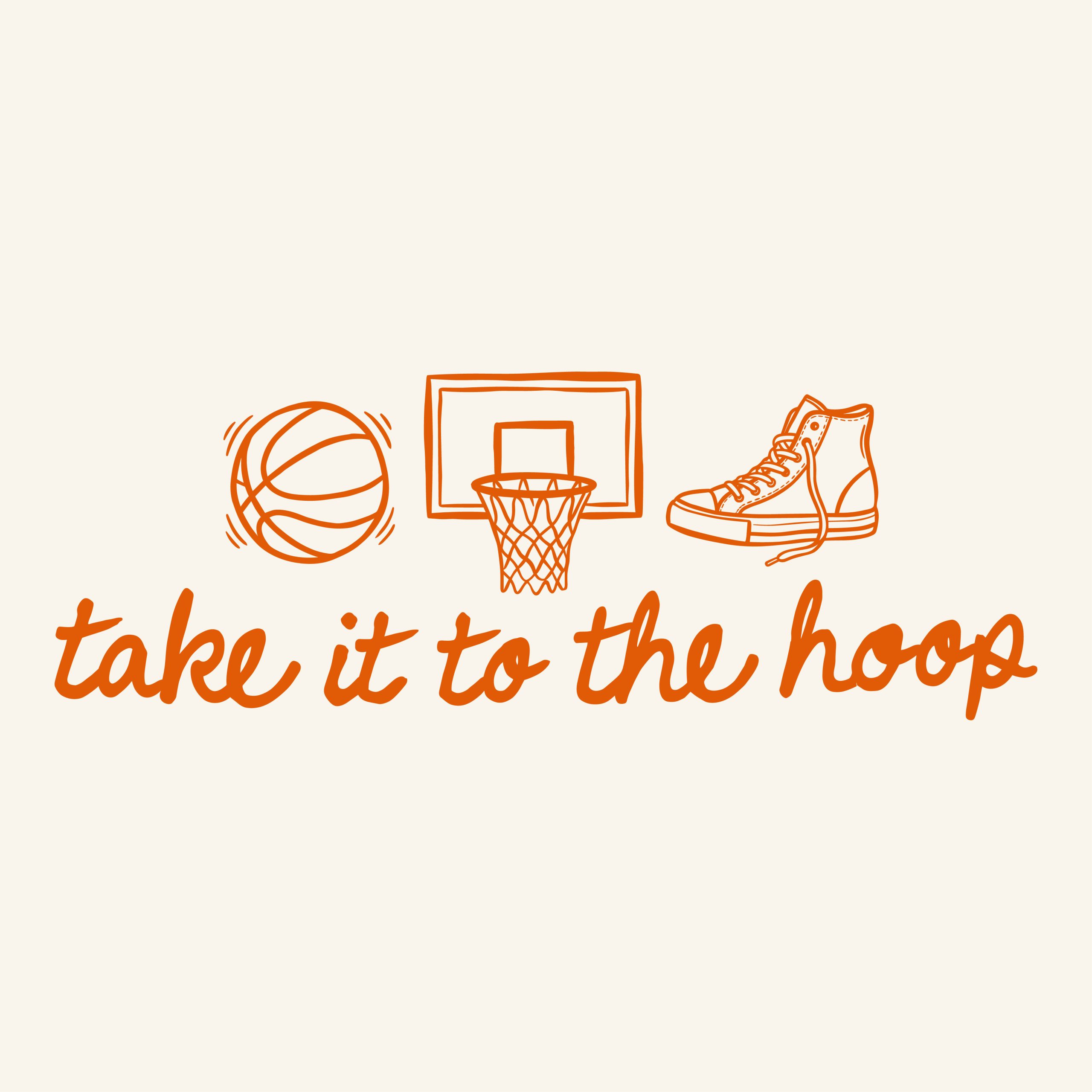 Take it to the hoop basketball vector design featuring a ball, hoop, and sneaker in orange outlines.