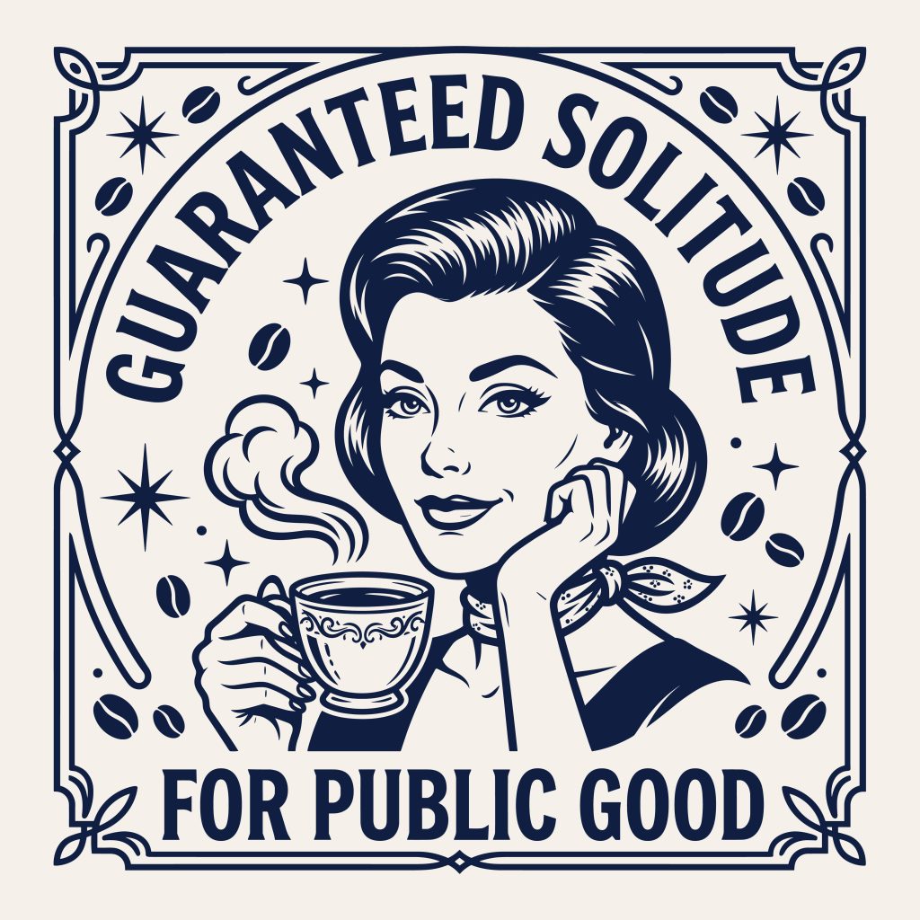 Vintage line art illustration of a retro woman drinking a steaming cup of coffee surrounded by coffee beans and the quote Guaranteed Solitude For Public Good.