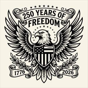 Black and white illustration of a bald eagle with an American flag shield, olive branches, arrows, and text reading 250 Years of Freedom 1776 2026