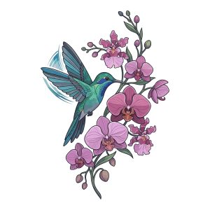 A vibrant green and blue hummingbird hovering next to a blooming pink orchid branch